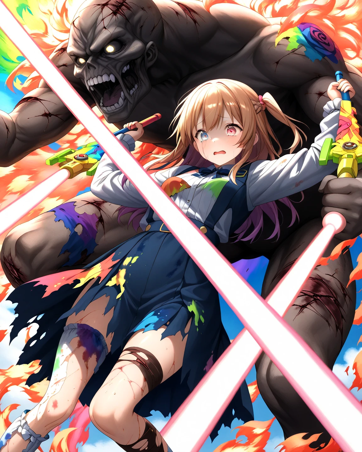 2girl, evil neuro-sama, red eyes, light brown hair, ahoge, two side up, hair ribbon, dark red ribbon, heart hair ornament, black cardigan, open cardigan, black sailor collar, long sleeves, red bow, heart, button badge, star \(symbol\), drone, the number "1" on a badge, turtle, black skirt, pleated skirt, asymmetrical legwear, black thighhighs, black kneehighs, bandaid on knee, grey footwear, loafers, neuro-sama, blue eyes, light brown hair, ahoge, two side up, hair ribbon, red ribbon, heart hair ornament, yellow cardigan, open cardigan, blue sailor collar, long sleeves, aqua bow, purple heart, button badge, star \(symbol\), drone, the number "1" on a badge, turtle, blue skirt, pleated skirt, asymmetrical legwear, black thighhighs, black kneehighs, bandaid on knee, brown footwear, loafers,