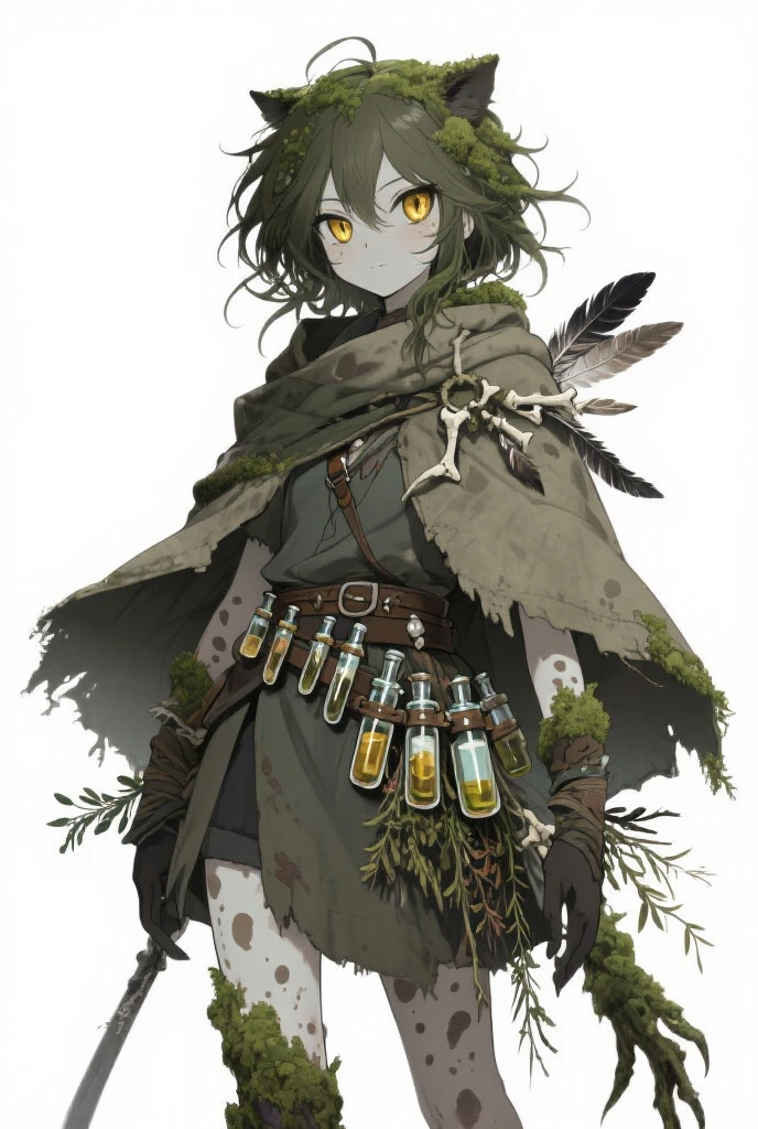 an corrupeted swamp nymph her skin is grey pale, green spectral eyes, short messy brunette hair. she's wearing a overcoat dirty in mud and a long ragged skirt. there's mud on her arm and leg.