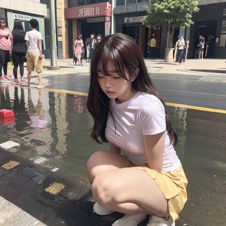### base ###
独奏,1 girl,woman,20yo, japanese, (Natural black hair, drill hair)
### clothing ###
(white T-shirt, tight T-shirt:1.4),  Ivory pleated skirt,
### situation ###
(Busy downtown area:1.2), Outdoor,
### addition ###
Spread legs, squatting, ### posture
(embarrassed,blush:1.3), (ecstasy:1.3) ,(slut:1.2),(vulgarity:1.3),(fucked silly:1.1),(steam:1.1),(wet:0.8),(trembling:0.8),(tears:0.7) ,(drooling:0.6),(sweat:0.8),Downcast eyes,
(Peeing, pee dripping:1.6), water soaking at your feet,