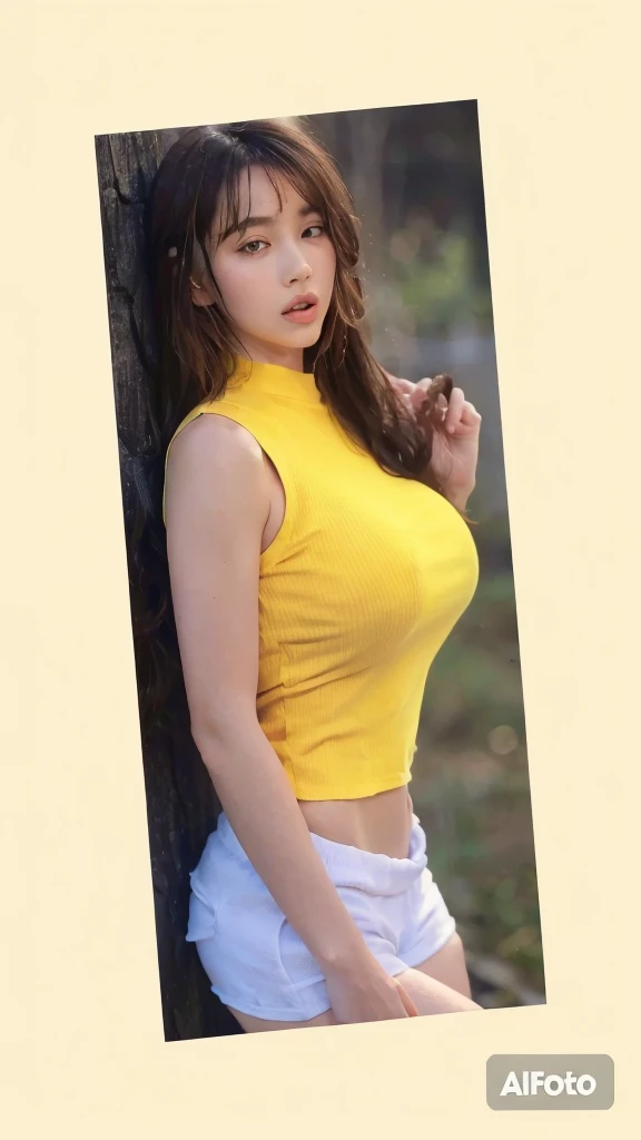 masterpiece, top-quality、Top image quality、Realistic skin type、 Nipple tatsu、Beautiful woman with big breasts、((Sheer beige camisole )To spread your legs and hide your pubic area(((Less fabric area)))Denim shorts))、a park、(((Sweat drips profusely)))、With nipples