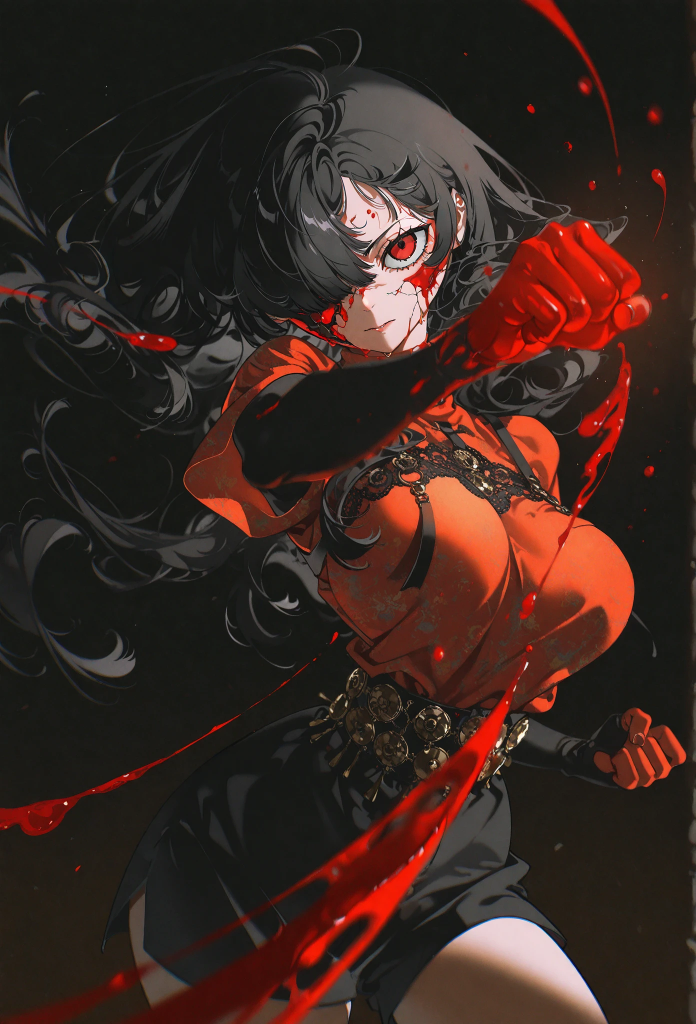 (masterpiece, best quality), amazing quality, very aesthetic, absurdres, highres, newest, HDR, 8K, professional, cinematic, surreal, (suou_(sdurorhr), yoneyama_mai:1.2), nixeu, chromatic aberration, film grain, high contrast, color contrast, warm colors, oil //(medium)//,
1girl, Kuroki Monika, black hair, very long hair, hair over right eye, red eyes, large breasts, (petite but curvy, very cute), male cool clothes, cool fashion, intricate clothes, intricate accessories, intricate patterns, cool, stylish, colorful theme, pop style, solo, dynamic pose, close-up face punch, intense expression, blood manipulation forming a fist, blood splash, wind impact, cracked mask flying off opponent, background blur, motion lines, cinematic lighting, high contrast, detailed foreground, photorealistic