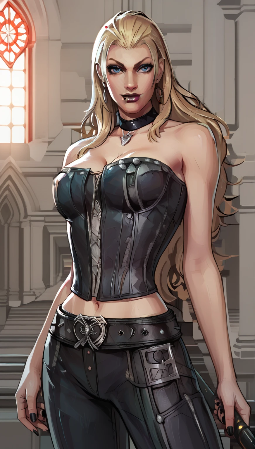photo of 1girl in, teenager, Solo, Aesthetic artwork, (blond, straight blonde hair, super long blonde hair:1.35), ((portrait)), ((light blue eyes, small freckles, pale skin:1.2)), (thin hips, thin waist, runners body: 1.25), (A-cup, small breasts: 1.4), (wearing swashbuckler rogue black corset, white shirt, black leather pants,straps buckles, armor,: 1.5)), (high detailed indoors overgrown, ancient ruins: 1.3), (realistic photo, best quality, detailed), (8k wallpaper), (cinematic lighting, dramatic lighting) (sharp focus, intricate)