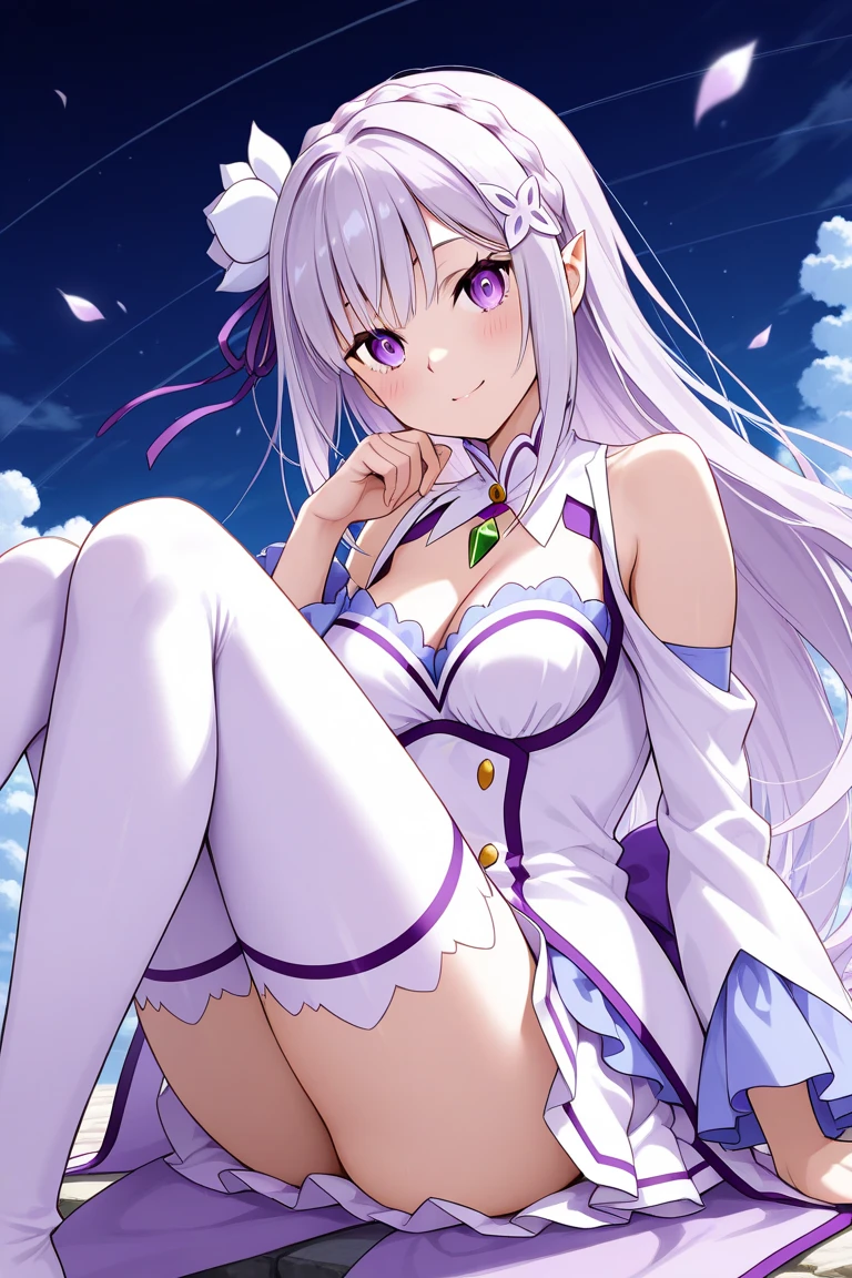 Emilia Re:Zero, white hair, white crown braid, purple ribbons in hair, white flower in hair, white lingerie, x hair ornament, purple eyes, long hair, medium breasts, fox ears, fox girl, 1girl, solo,
(masterpiece:1.1), (best quality:1.1), (ultra-detailed:1.1), (illustration:1.1), medium breasts, one piece lingerie, bra, panties, camel toe, lacy white lingerie, cleavage cutout, midriff, looking at viewer, cowboy shot, blushing