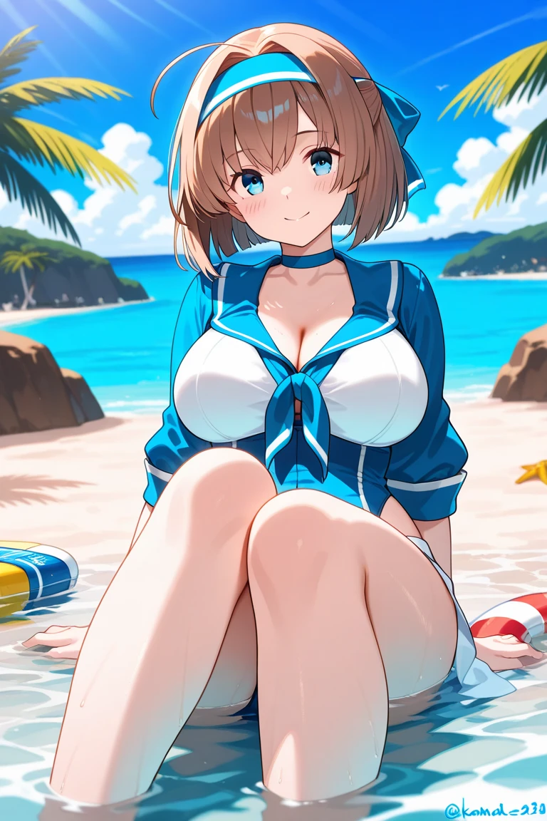 2D Anime Style、Blue eyes、breasts are slightly larger、A cool and beautiful adult woman with short blonde hair rolls up her skirt on the beach to show that she is not wearing underwear.、Almost naked.。she spreads her legs and looks shy..., Exposing cleavage and crotch..