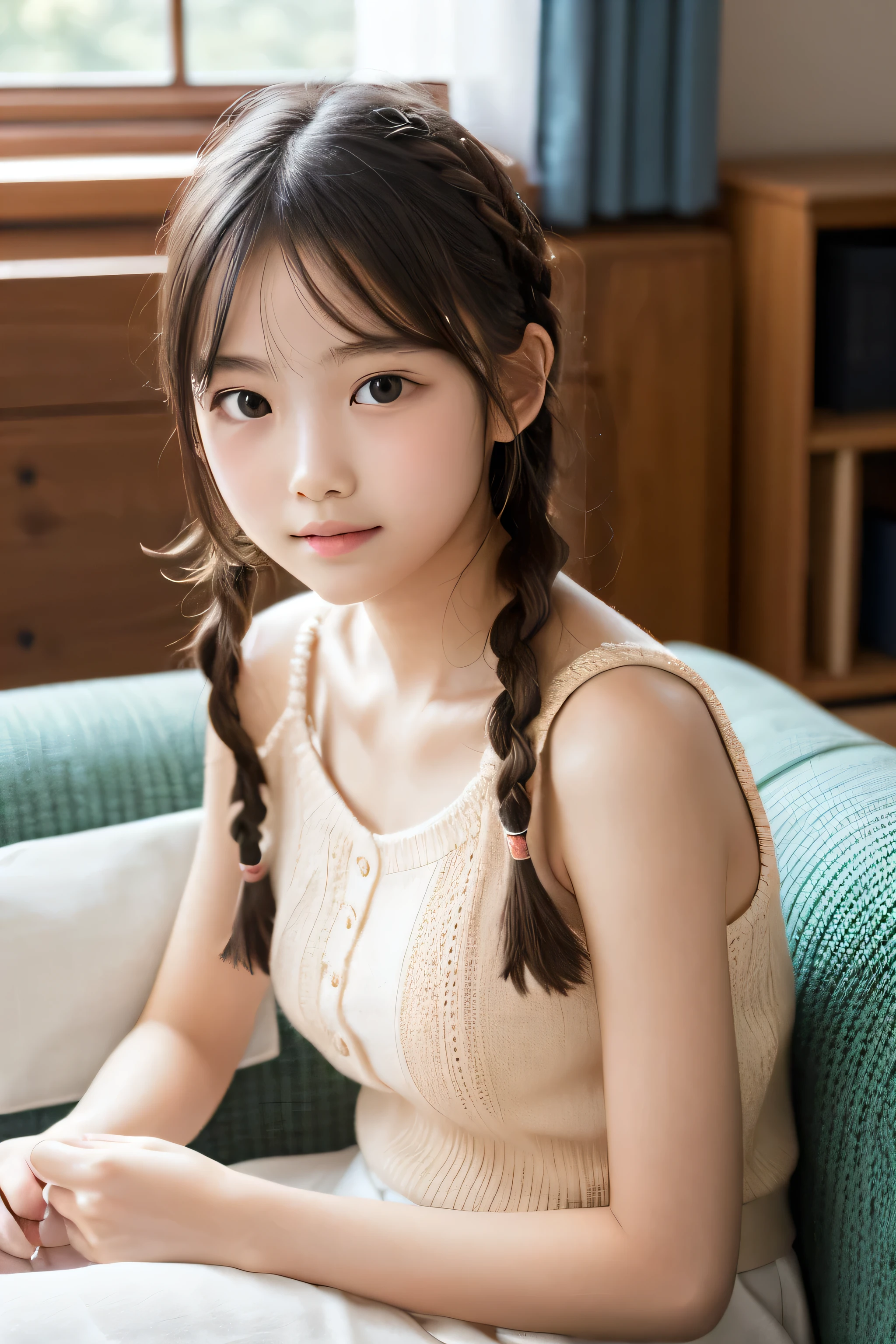 anatomy、Chic room、one girl、focus on girl、brown hair、braided hair、Dress relaxed、Room wear、cute face、１６talent、Natural color clothing、完璧にblurred background、Calm room、sitting on a pink chair、highest quality、best image quality、ultra high resolution、Super detailed、８ｋ、cinematic lighting、professional photographer、miniture、blurred background、Depth of bounds written