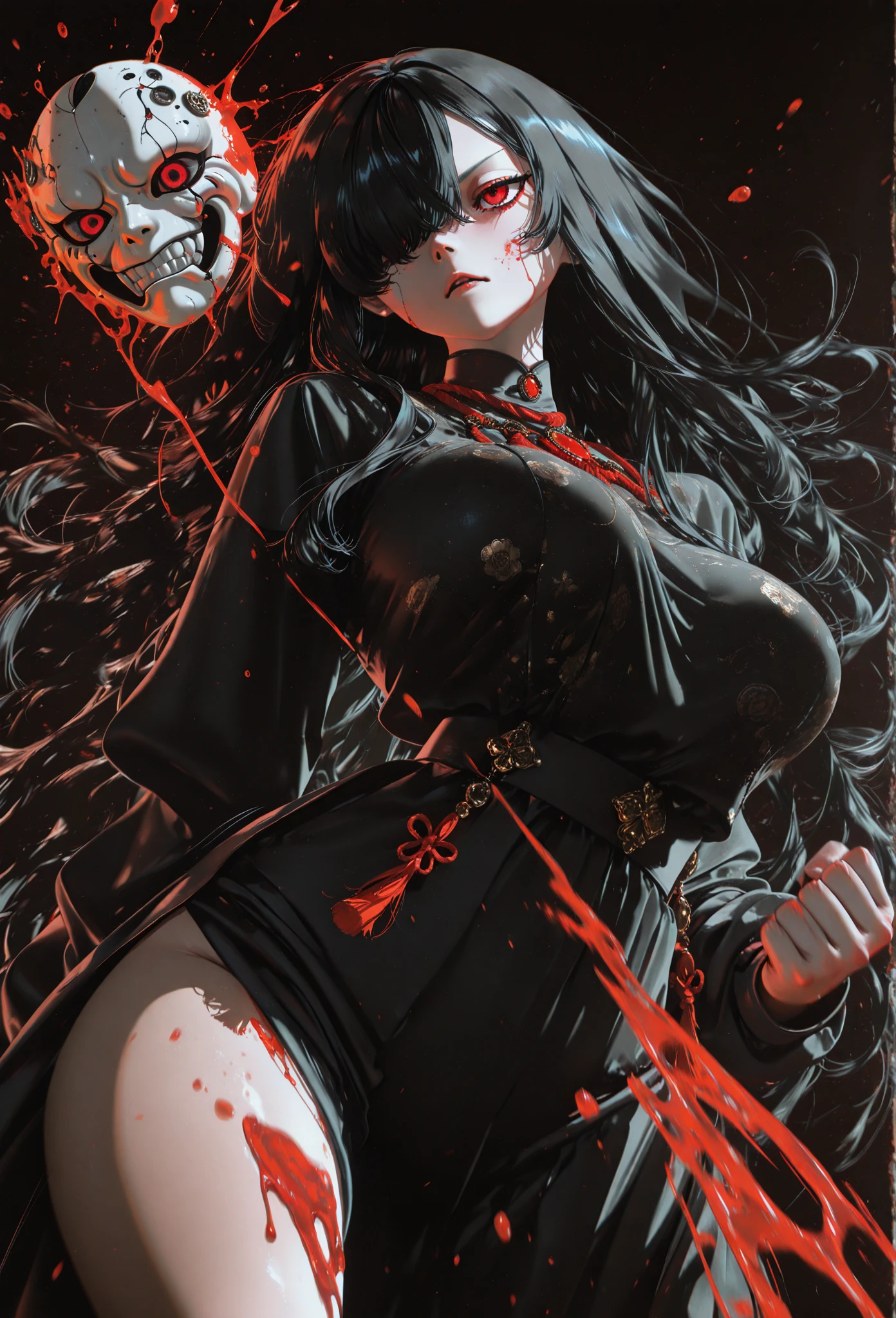 (masterpiece, best quality), amazing quality, very aesthetic, absurdres, highres, newest, HDR, 8K, professional, cinematic, surreal, (suou_(sdurorhr), yoneyama_mai:1.2), nixeu, chromatic aberration, film grain, high contrast, color contrast, warm colors, oil //(medium)//,
1girl, Kuroki Monika, black hair, very long hair, hair over right eye, red eyes, large breasts, (petite but curvy, very cute), male cool clothes, cool fashion, intricate clothes, intricate accessories, intricate patterns, cool, stylish, colorful theme, pop style, solo, dynamic pose, close-up face punch, intense expression, blood manipulation forming a fist, blood splash, wind impact, cracked mask flying off opponent, background blur, motion lines, cinematic lighting, high contrast, detailed foreground, photorealistic