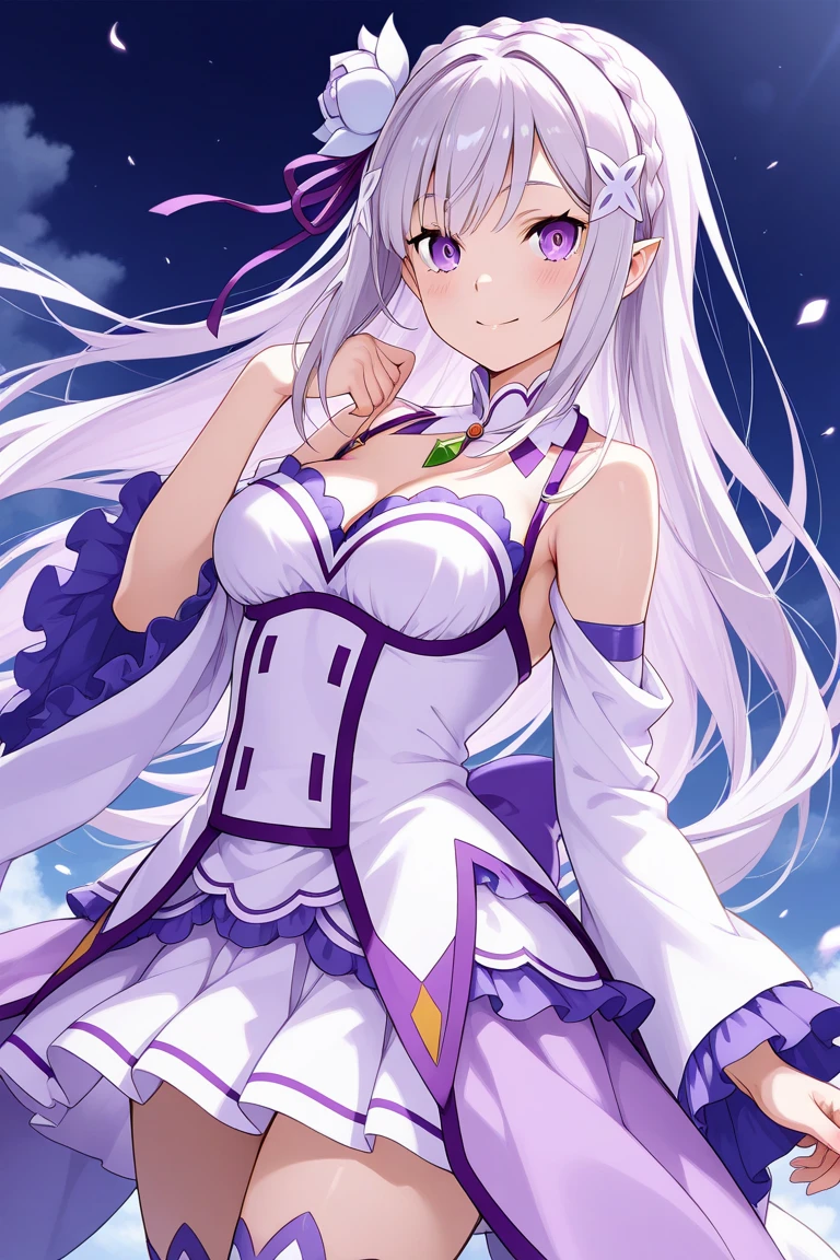 masterpiece, best quality, very aesthetic, absurdres, 1girl, emilia \(re:zero\), re:zero kara hajimeru isekai seikatsu, low-tied long grey hair, light purple, crown braid, blunt bangs, hair flower, white rose, x hair ornament, purple hair ribbon, purple eyes, bright blue pupils, pointy ears, dress, gem, cleavage, medium breasts, detached sleeves, bare shoulders, pleated miniskirt, white dress, white thighhighs, light smile, key visual, highly detailed, looking at viewer, full body