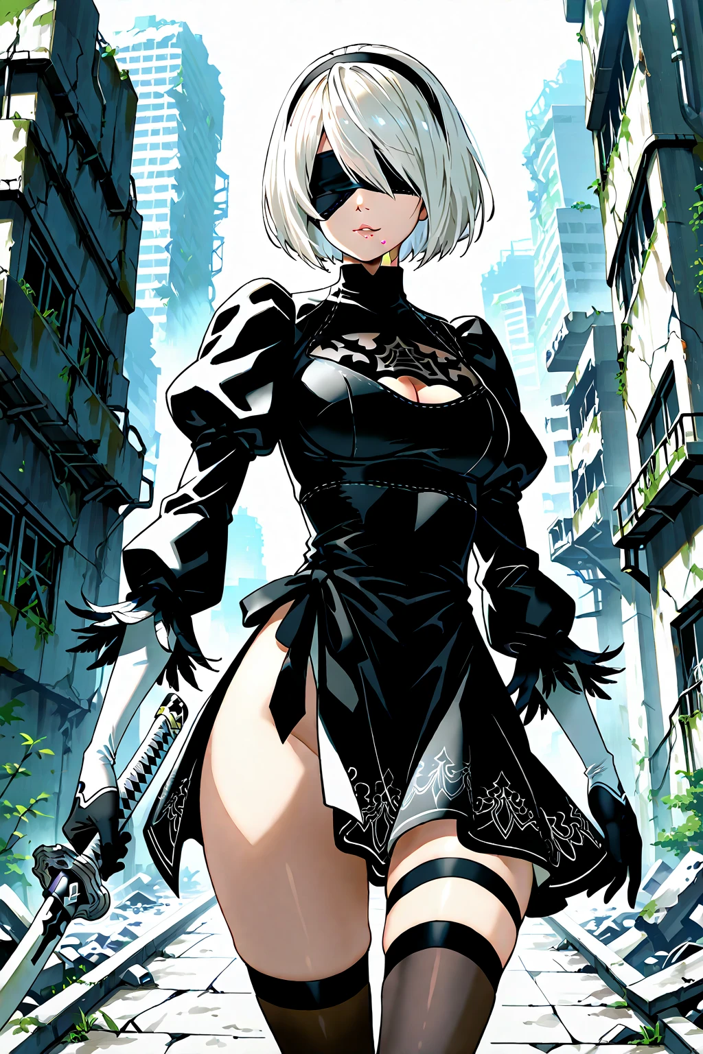 Illustrator, アニメ , Realistic ,sketch , 1 person, model, lip, A translucent gothic white mini dress with lots of lace, blindfold, eye covered, black blindfold, Has a machine gun, Order, Blue and pink gradient background, Neon colored long straghit hair, Big Breasts,Upper Body, Sexy look, Sexy pose, Texture Trim, Russia, (masterpiece,Highest quality