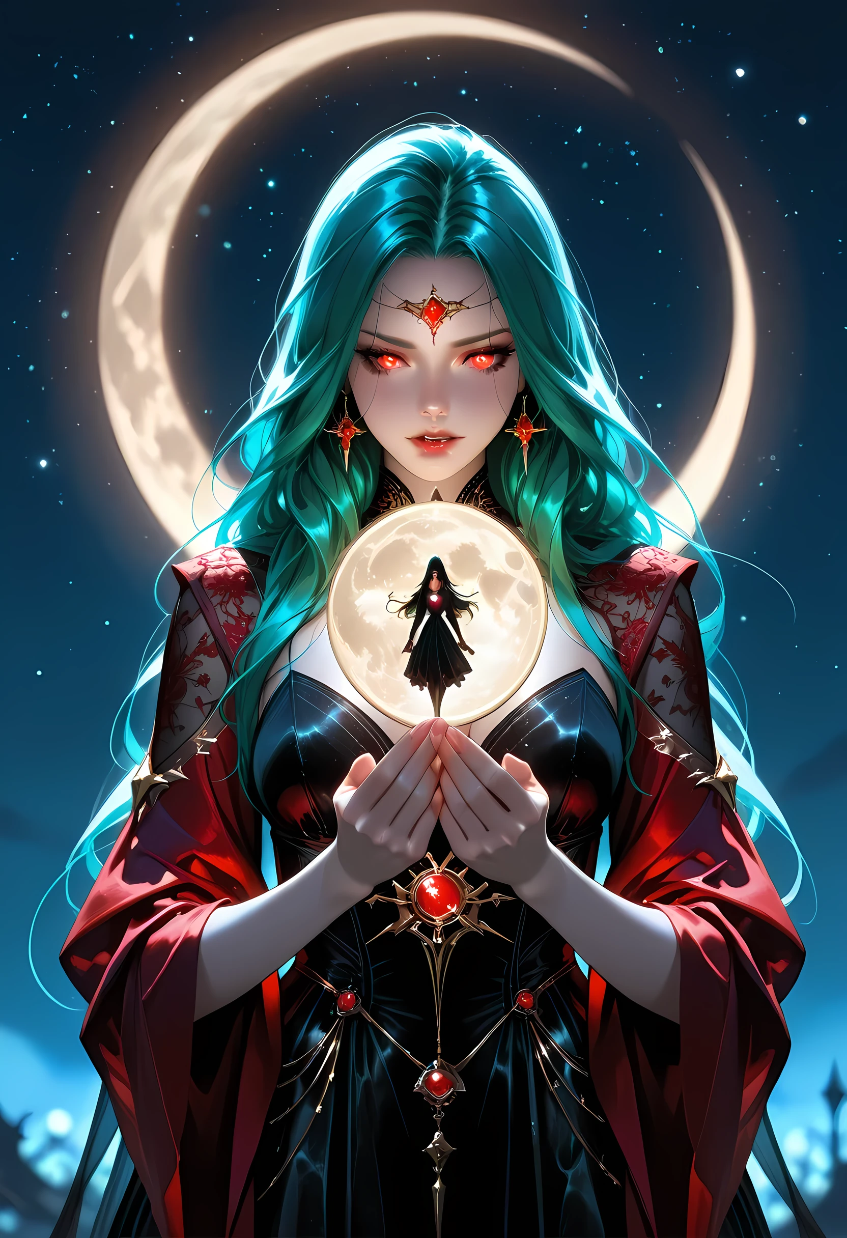 a picture of an epic beautiful female vampire, ghostly beauty, wearing transluminescent dress, black silk dress, intricate dress, transluminescent dress, transparent dress, red sleeves, epic beautiful female vampire, pale skin perfect body, ghostly beauty, serene beauty, lush hair, long hair, red glowing eyes, vampire fangs, stars entwined in the woman's hair, light caress the woman, moon light caress the dress, fantasy art, night time, the moon rises, creating award winning, photorealism, depth of field, hyper realistic, zavy-ctcmcs, Celestial Fantasy, dnddarkestfantasy, Fantasy Art Deco