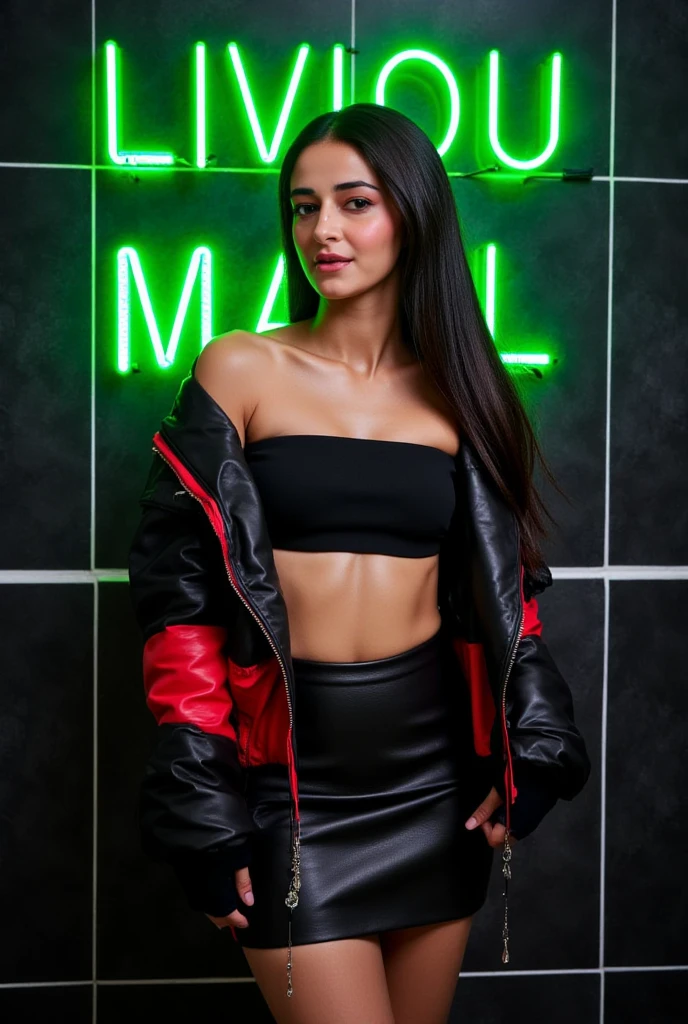 k, RAW photo, best quality, ultra high resolution, photorealistic, realistic skinny woman in the club, (skinny woman), slim face, tanned skin, straight black hair, in the club, full body portrait, photo from the side, wearing dress, looking at viewer 1:2, smirking, (extremely detailed CG unity 8k wallpaper), Sharp focus, dramatic, (bright light)