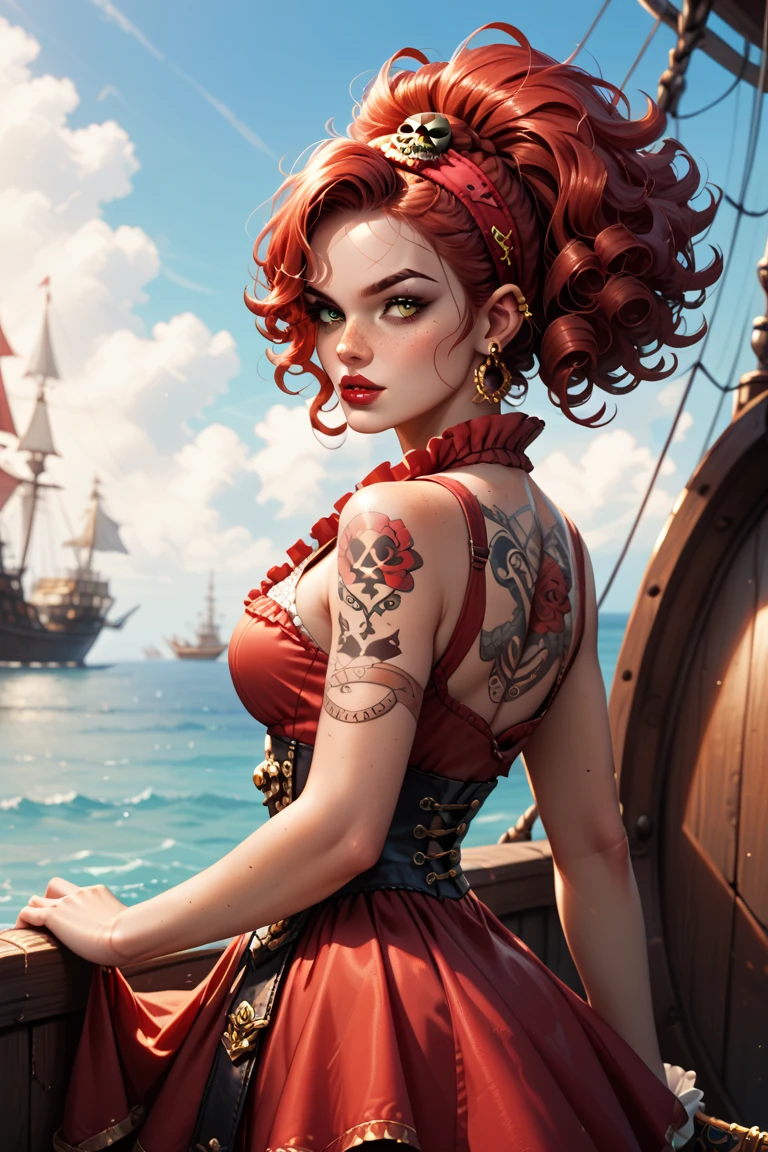 Girl with wavy red hair and rebellious, ((hair slicked back)), Caucasian woman,ice blue eyes and tanned skin, round bare breasts, clam shell nipple pasty, green mermaid tail, (gigantic breasts), galleon and ocean background with clouds, realistic style.