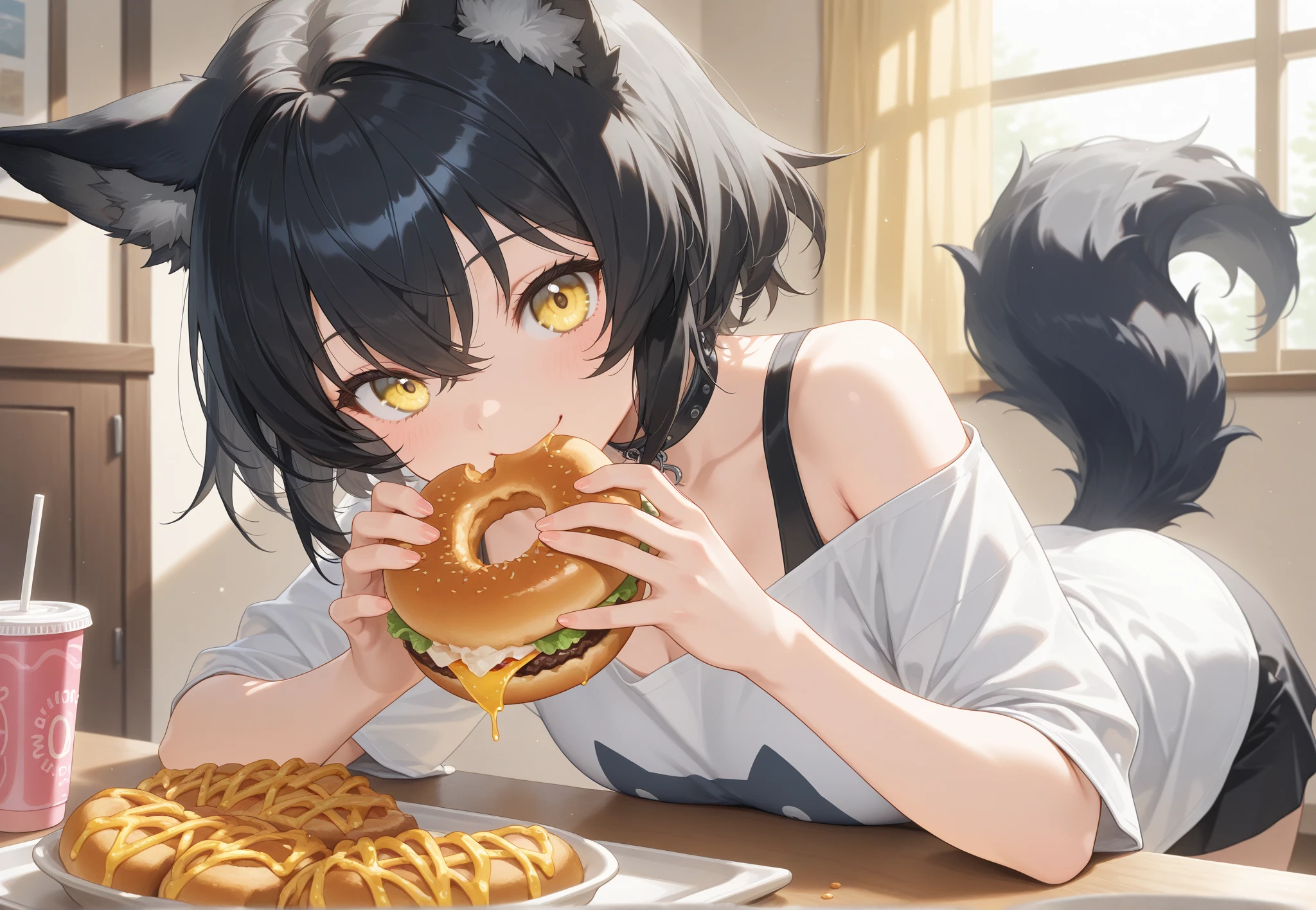 the best，On the table，Ultra-high quality，Realist，girl and cat，(beautiful face 1.4)，(Lots of delicious food on the table)，(( Beautiful woman eating food))，Solitary，breast，Realist，Silky long hair，(brown hair)，