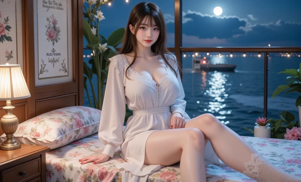 Absurd, ultra-detailed, high quality, masterpiece, the girl , with pink long transparent dress , sitting in balcony , in ocean , moon light and clear sky with stars,