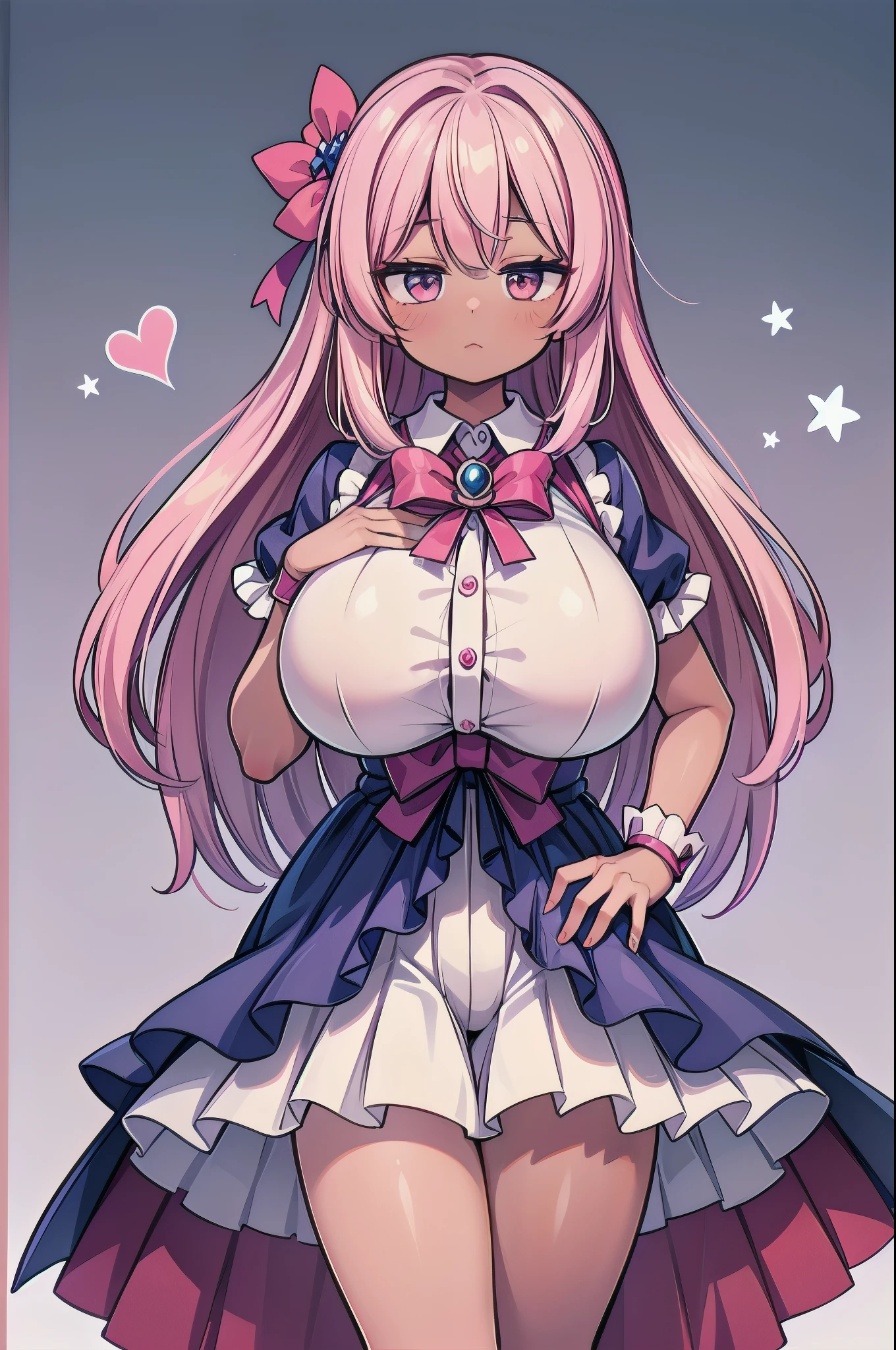 Cute, anime girl, pastel long lavender hair, curly twintails, purple eyes, heart shaped pupils, plump lips, massive breasts, hourglass body, small waist, ruffle pastel bow blouse, Skirt-Knee-length, pastel, pleated with floral patterns, white lacy stockings, 