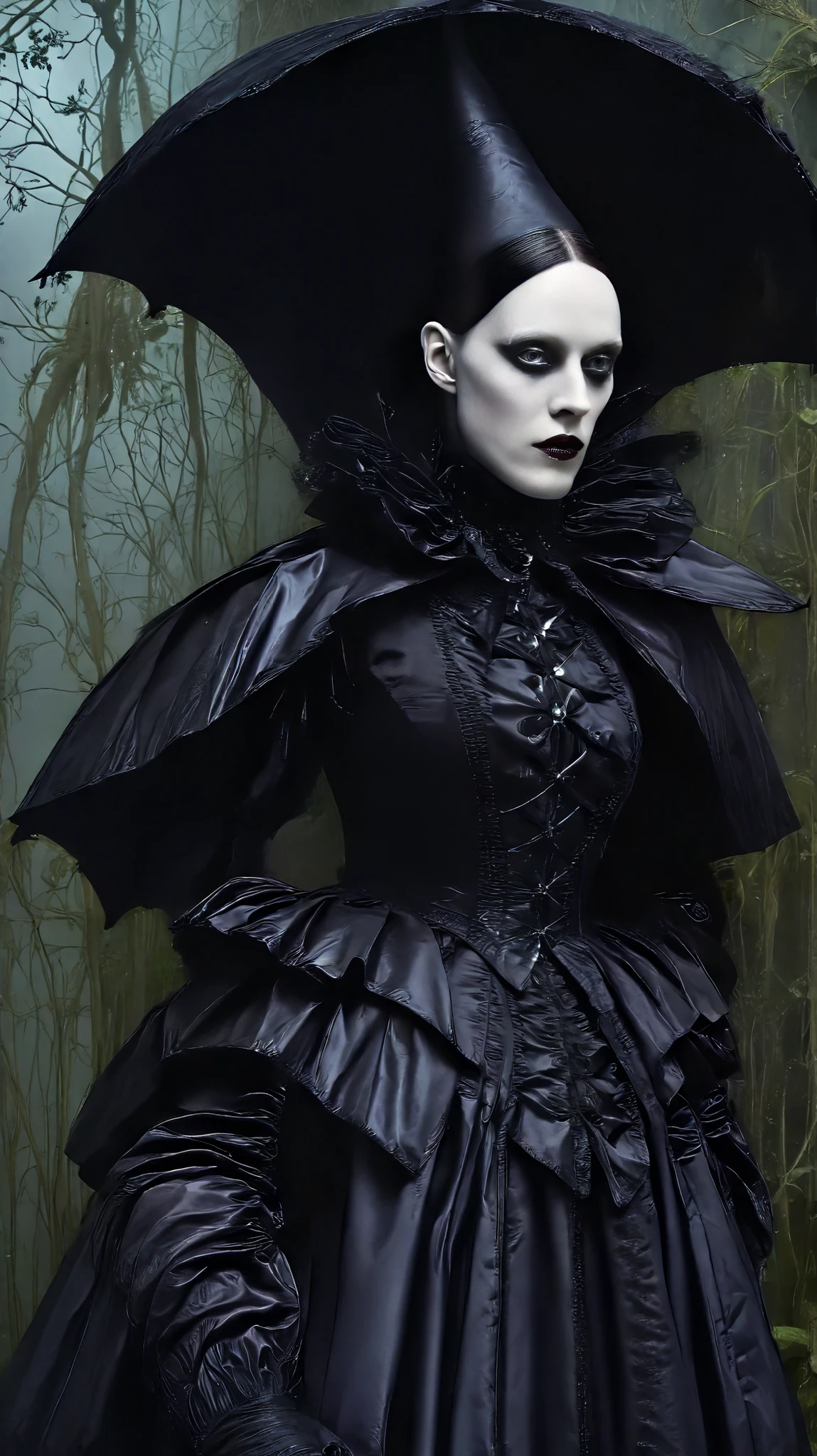 Tim Walker inspired, Fashion photography leather fetish, whimsical settings, surreal elements, creative storytelling, vibrant colors, (detailed face:1.05), hyperrealistic, photorealistic. Gothic