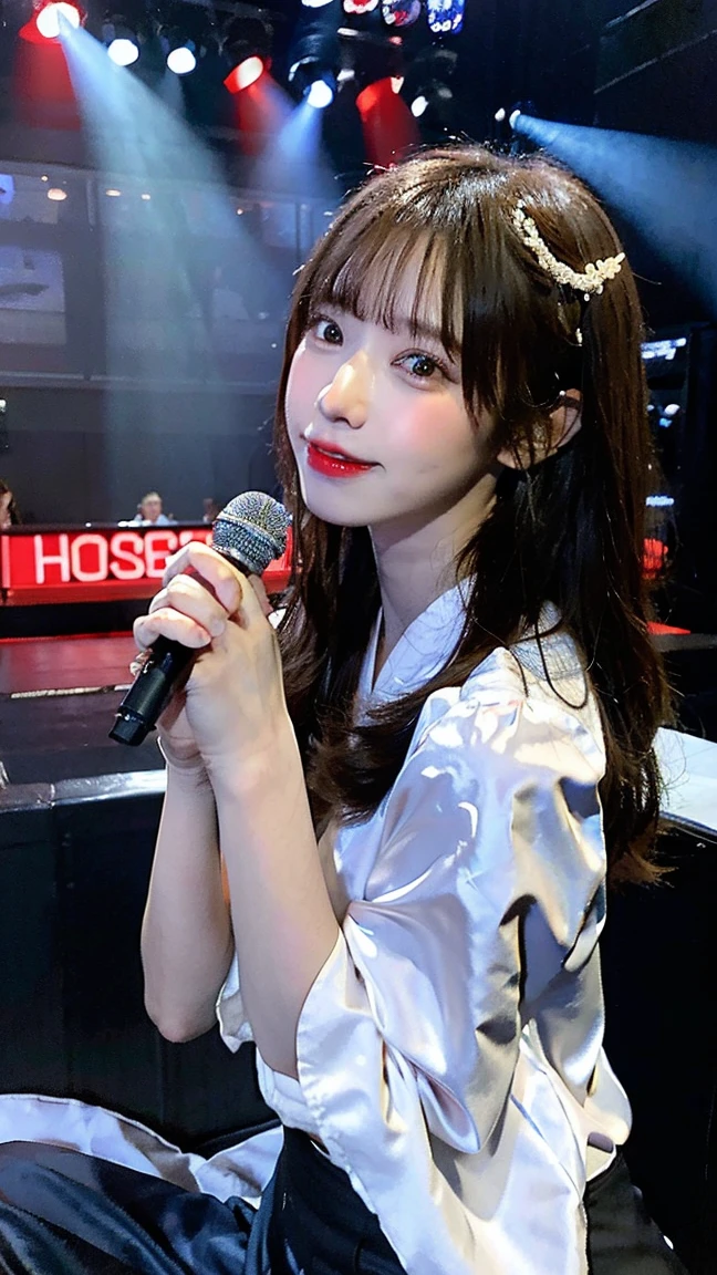 Tabletop, highest quality, shape, Very detailed, finely, High resolution, 8k wallpaper, Perfect dynamic composition, Finely beautiful eyes, T-Shirts,skirt,((Knee socks)),Medium Hair,Natural color lip, 21 years old、cute、F Cup、Brown Hair、Band Stage,Earrings,(Wavy Hair),,Big Breasts,Playing guitar,Sweating,Singing a song,Sweating on thighs,smile