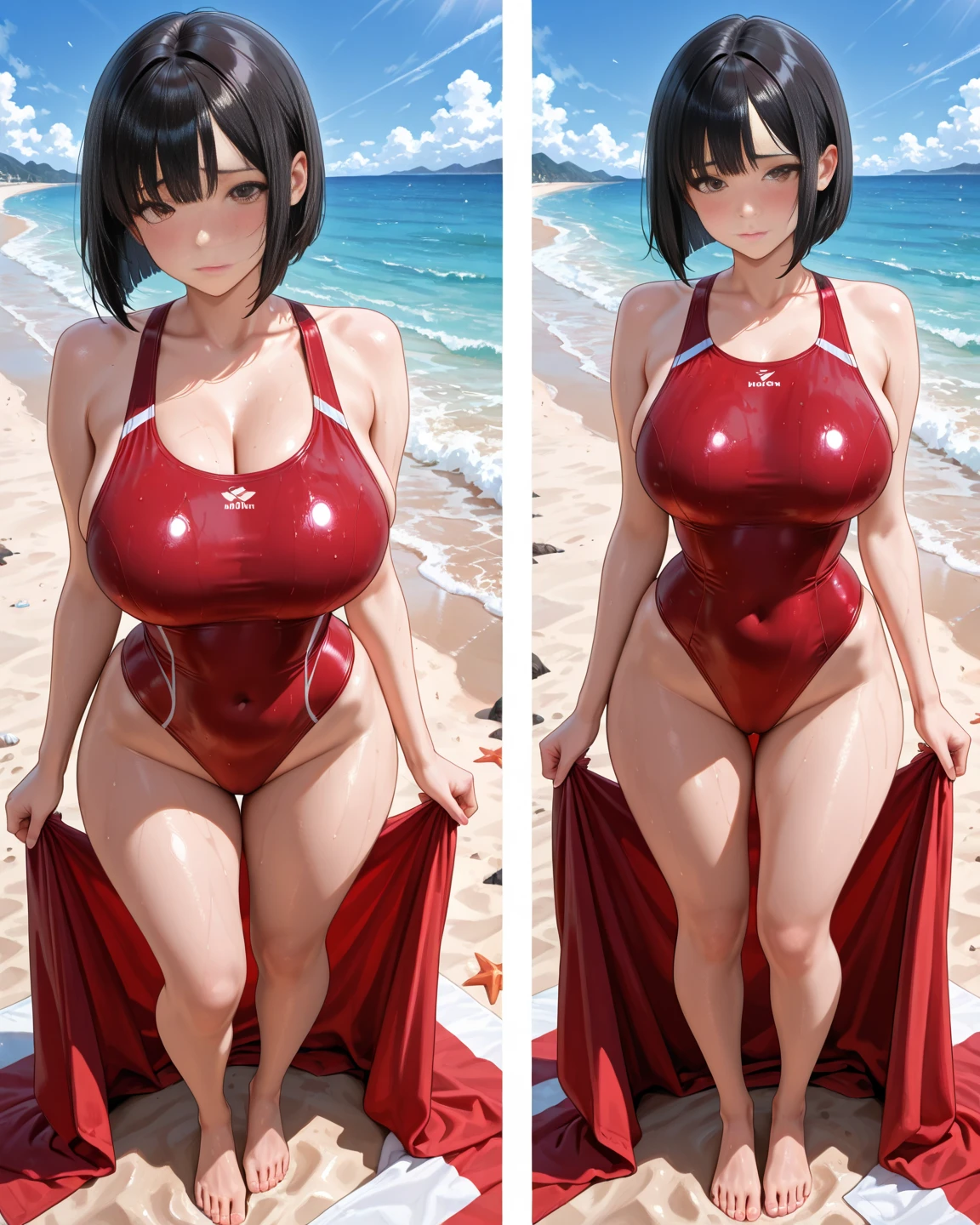 (((Masterpiece, Excellent)), two-dimensional anime, (1girl), (()), short brown hair, bangs, big breasts, plump, wearing a red three-point swimsuit, slim, bad smile, beach