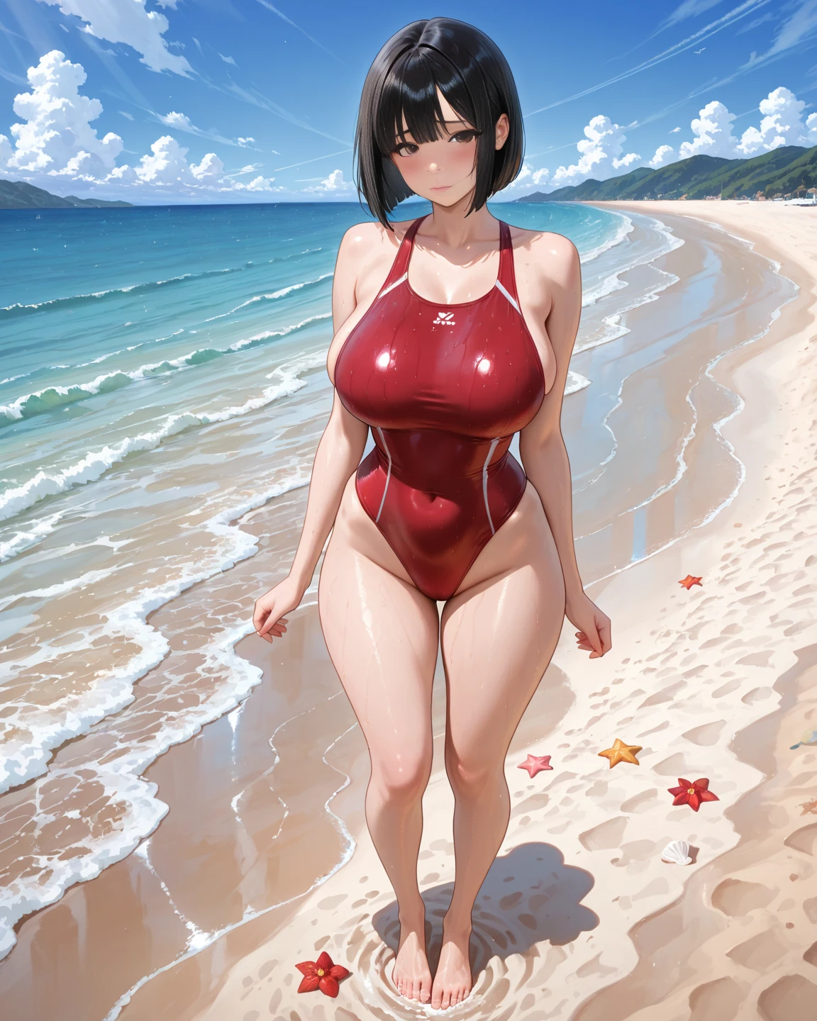 photo of mlp Meowko, RAW, beautiful woman, ((portrait)), ((detailed face:1.2)), ((anime face, anime facial feature, clear skin, glossy anime lips, clear skin), (short messy lesbian haircut, brunette: 1.55), (under boob: 1.6), (perfect proportioned body, Strong, muscular, narrow waist, narrow hips, skinny, large breasts), (she is wearing a red one piece bathing suit, u-neck bathing suit, red swimsuit), at the beach, kneeling in the water, on the beach, splits kneeling, knees apart, torrential rain, soaking wet, covered in dripping water, wet hair, wet clothes, dripping water, glistening skin, water splashing, (realistic photo, best quality, detailed), (8k wallpaper), (cinematic lighting, beautiful light, (evening:1.3)) (sharp focus, intricate)