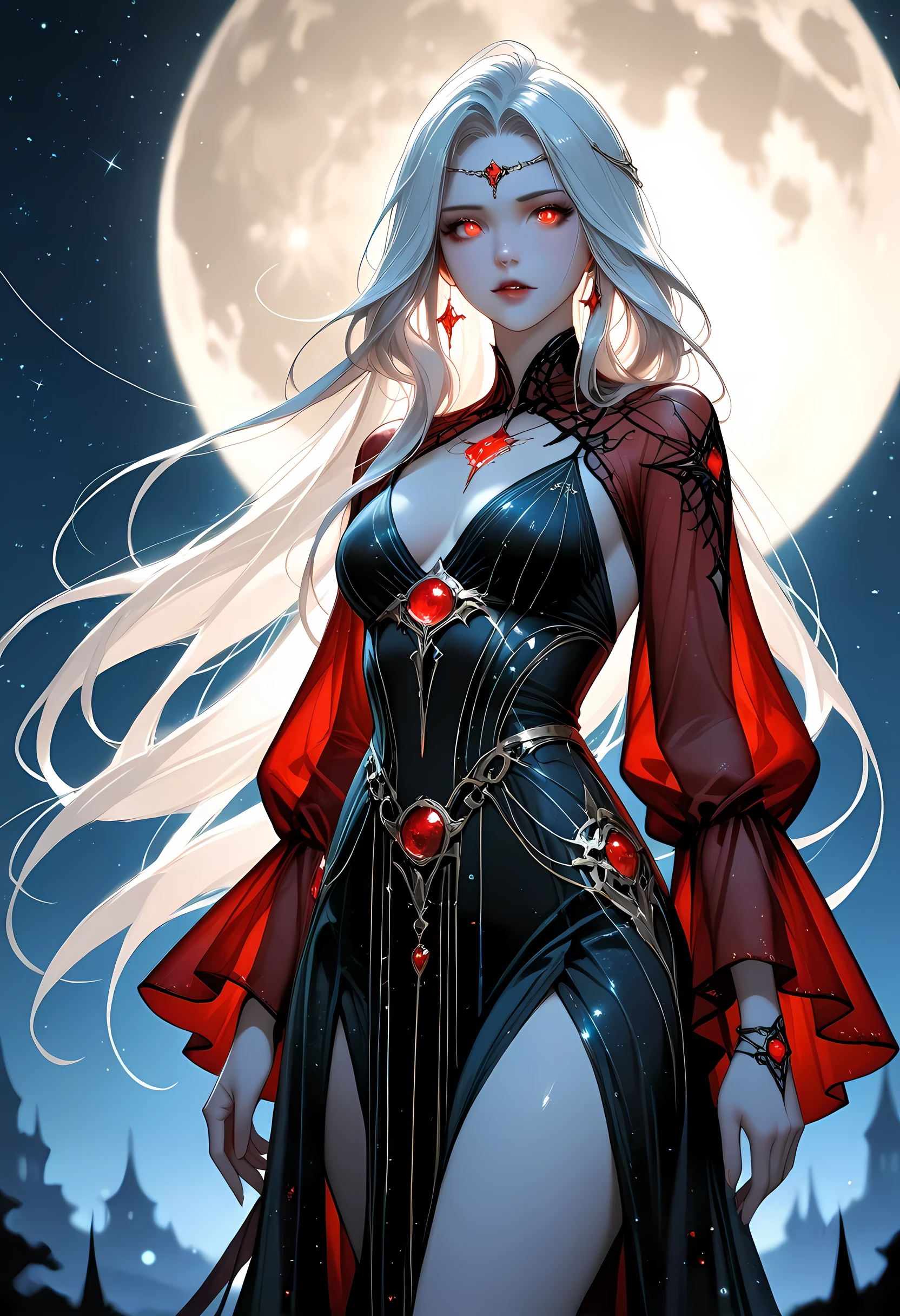 a picture of an epic beautiful female vampire, ghostly beauty,  wearing transluminescent dress, black silk dress, intricate dress, transluminescent dress, transparent dress, red sleeves, epic beautiful female vampire, pale skin perfect body,  ghostly beauty, serene beauty, lush hair, long hair, red glowing eyes, vampire fangs, stars entwined in the woman's hair, light caress the woman, moon light caress the dress, fantasy art, night time, the moon rises, creating award winning, photorealism, depth of field, hyper realistic,  zavy-ctcmcs, Celestial Fantasy, dnddarkestfantasy, Fantasy Art Deco