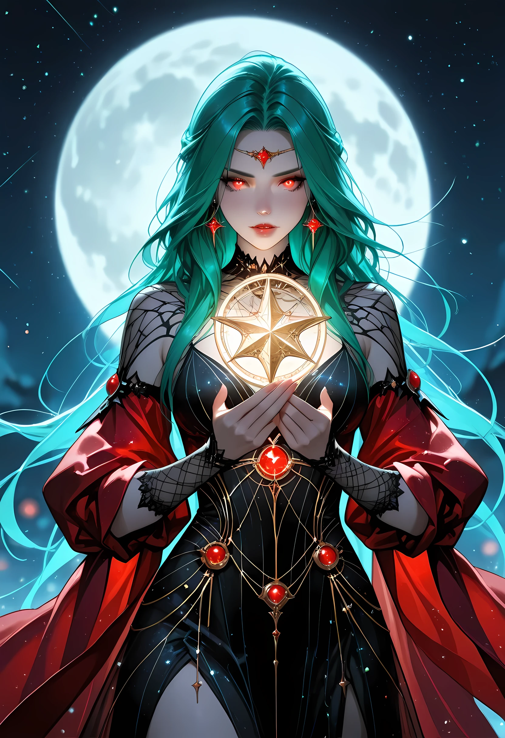 a picture of an epic beautiful female vampire, ghostly beauty, wearing transluminescent dress, black silk dress, intricate dress, transluminescent dress, transparent dress, red sleeves, epic beautiful female vampire, pale skin perfect body, ghostly beauty, serene beauty, lush hair, long hair, red glowing eyes, vampire fangs, stars entwined in the woman's hair, light caress the woman, moon light caress the dress, fantasy art, night time, the moon rises, creating award winning, photorealism, depth of field, hyper realistic, zavy-ctcmcs, Celestial Fantasy, dnddarkestfantasy, Fantasy Art Deco