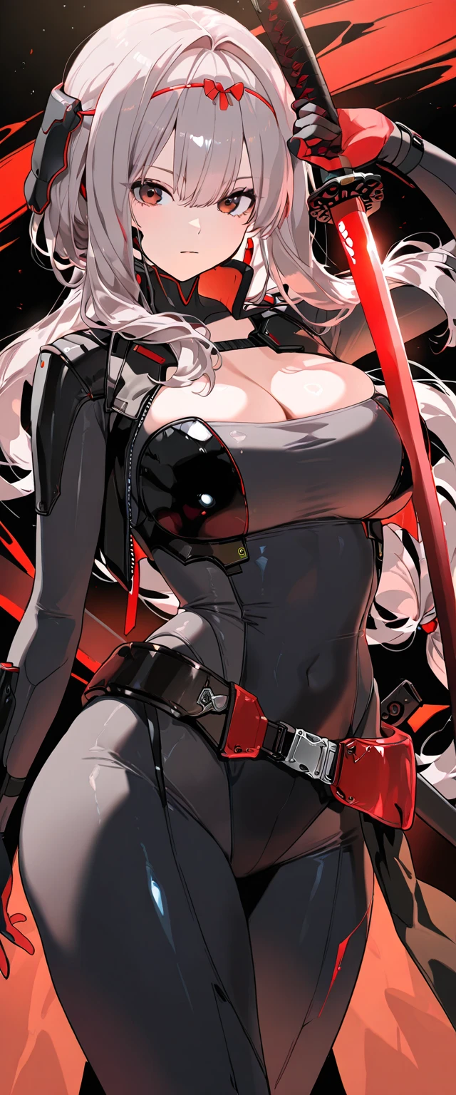 (best quality, masterpiece, anime) (solo) ((black hair:1.8), (hair with red highlights:1.7), (very long hair, single ponytail)), ((heterochromia_eyes_red_and_grey:1.4)), thick thighs, huge breasts, muscular, athletic, (cyborg:1.5), (robot arms:1.4), (robot legs:1.4), ((highcut leotard:1.8), one-piece, red_black_white_outift:1.3,) cleavage)), (white jacket:1.5), (headgear, horn-like devices), gauntlet, toned body, 1 woman, (age 26), ((holding sword:1.6, katana, glowing)), beautiful, sexy, first rate body, (Lucia_Crimson_Weave:1.4), Lucia