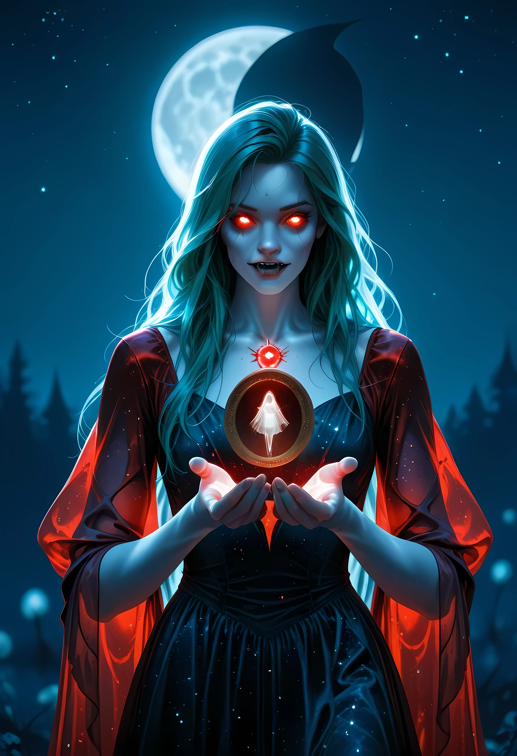 a picture of an epic beautiful female vampire, ghostly beauty, wearing transluminescent dress, black silk dress, intricate dress, transluminescent dress, transparent dress, red sleeves, epic beautiful female vampire, pale skin perfect body, ghostly beauty, serene beauty, lush hair, long hair, red glowing eyes, vampire fangs, stars entwined in the woman's hair, light caress the woman, moon light caress the dress, fantasy art, night time, the moon rises, creating award winning, photorealism, depth of field, hyper realistic, low-key, glowing, ember
