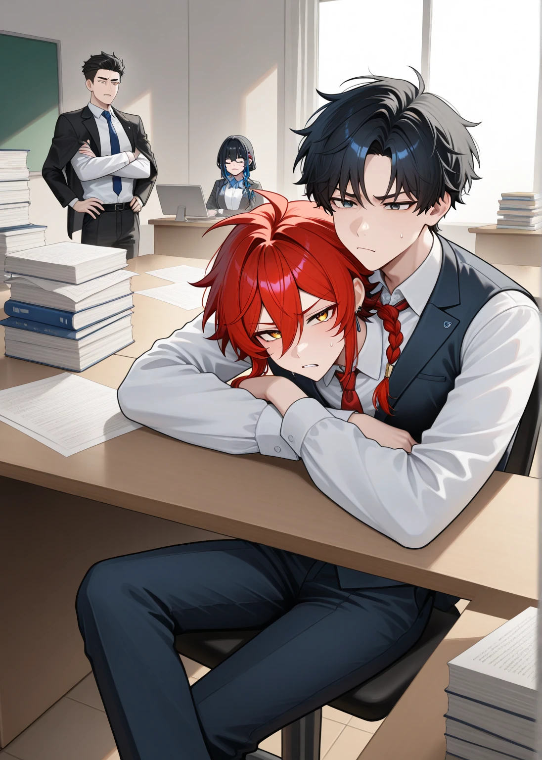 A man with black hair and glasses studying at night、A redhead woman is relaxing next to him, listening to headphones、4k、Anime atmosphere、28 years old