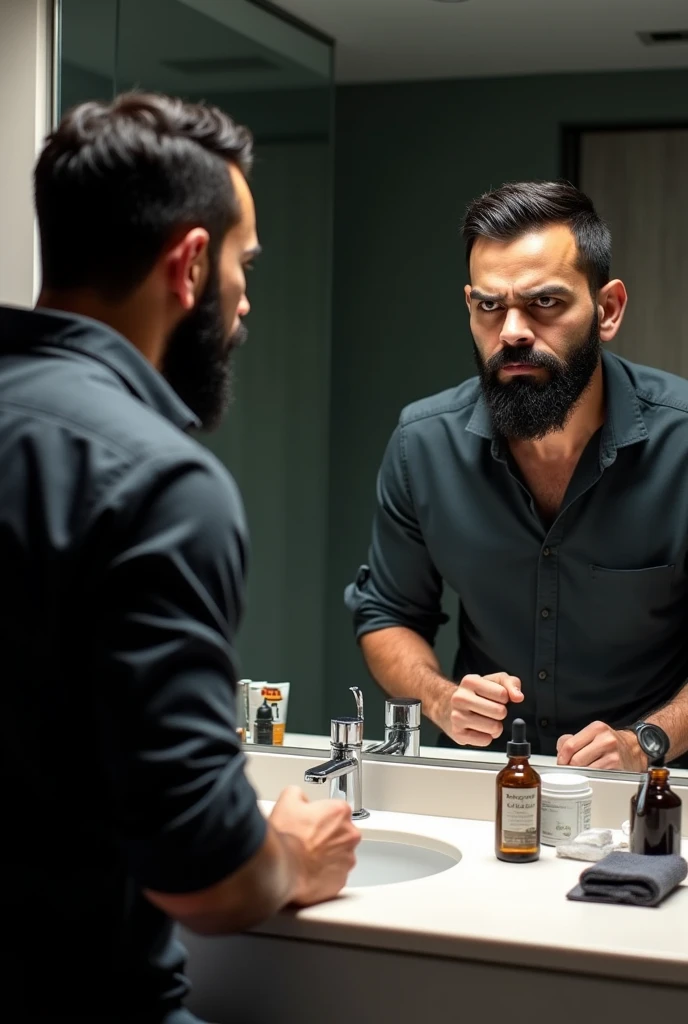 Strong hairy bearded Iranian man in front of mirror without clothes in red bikini bulge top showing.