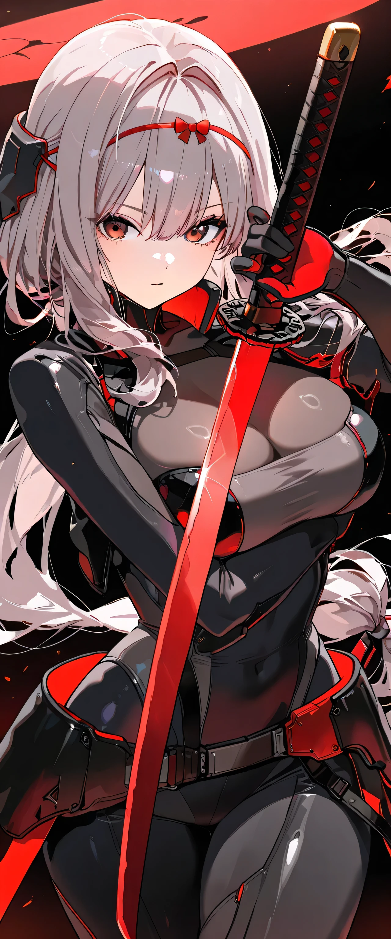 masterpiece, best quality, high resolution, very detailed 8k, very detailed, 1 girl, solo, Scarlet, Black shadow, Nikke, translucent clean skin, cool and beautiful girl, slender, round body, ample bosom big breasts, waist length hair, middle-tied hair, smooth hair, grey hair:1.3, brown red eyes, (((she is wearing simple black tight suits which is completely black color:1.3))), black background:1.3, she is standing, grab simple plain red katana, cowboy shot, focus a girl, dynamic pose for starting battle