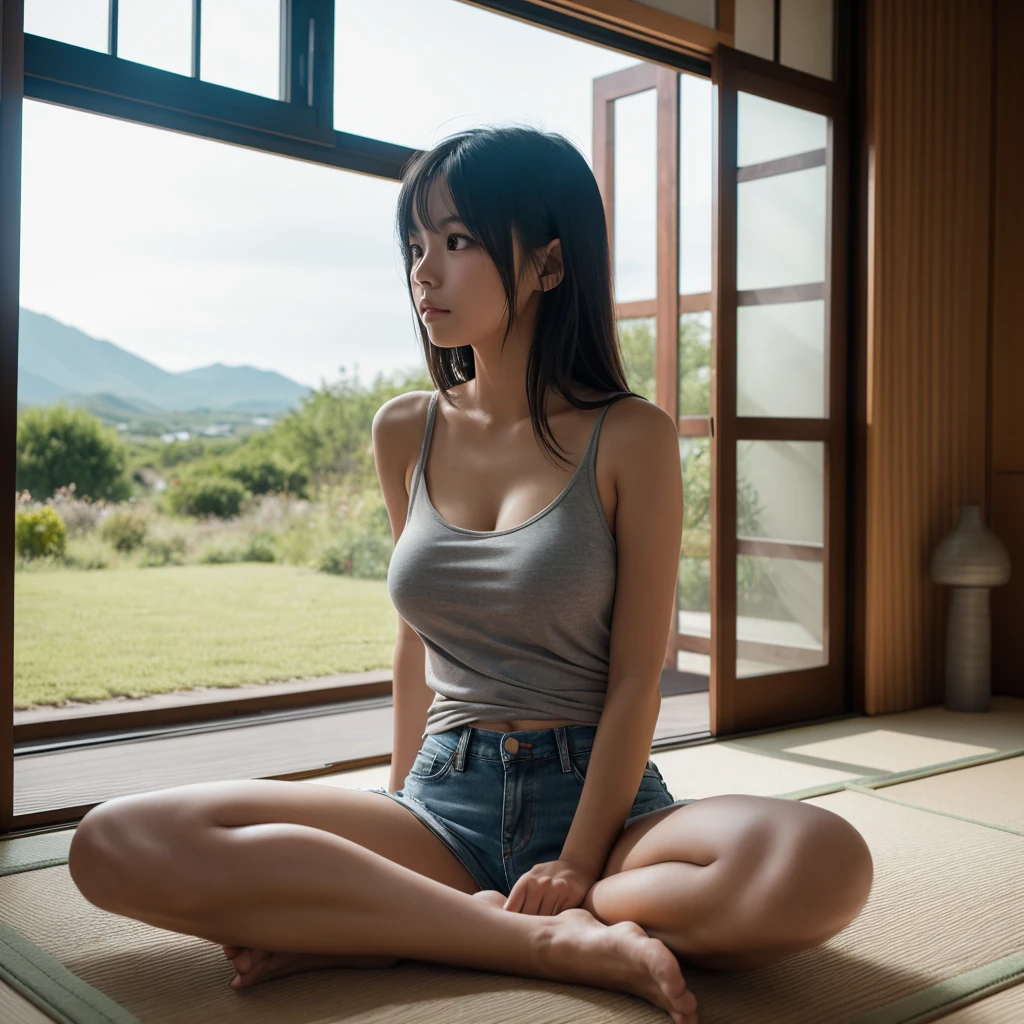 (Raw photo, highest quality), (real, photo real:1.3), highest quality, masterpiece, very delicate and beautiful, very detailed, nffsw, sense of oneness, 2k wallpaper, Growing, Beautiful in every detail, masterpiece, light smile, highest quality, Very detailed ticker Unity 8K wallpaper, huge file size, Super detailed, High resolution, very detailed, Inside an old Japanese house, japanese woman, beautiful young woman, Completely naked, big breasts, thin waist, shaved woman, she has her knees open, spreads her legs and shows off her pussy to the viewer, middle hair, big eyes, far and near method