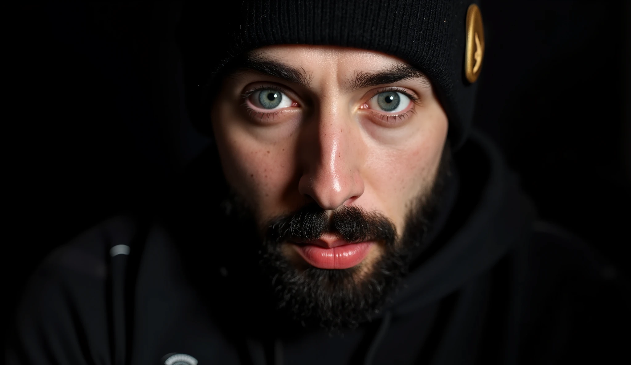 dodge and burn effect, cinematic light ,Cinematic colors, cinematic light effects, Man with beard and bald head, aesthetic facial expression