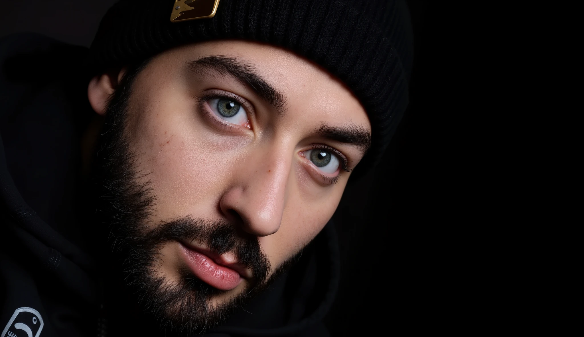 dodge and burn effect, cinematic light ,Cinematic colors, cinematic light effects, Man with beard and bald head, aesthetic facial expression