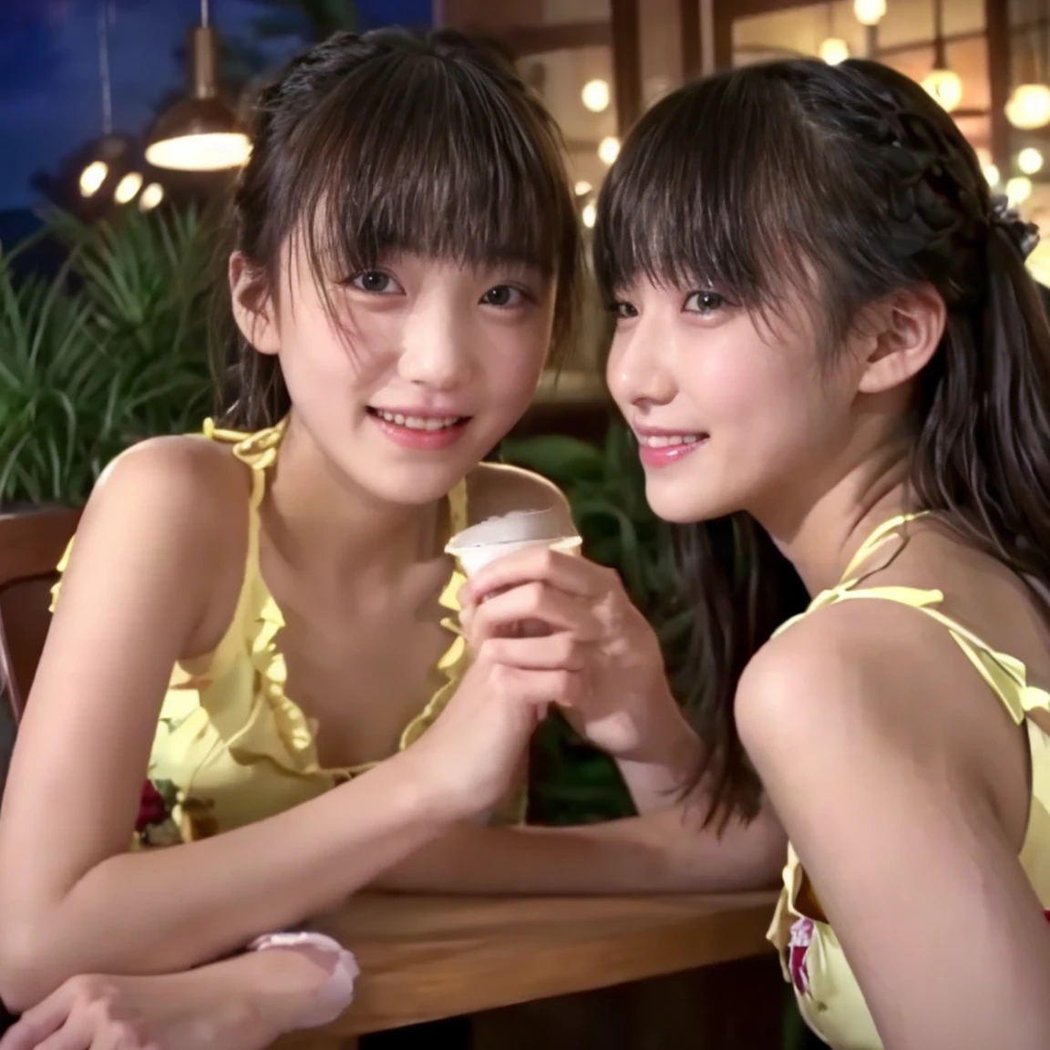 (raw photo:1.2), (photorealistic:1.4), beautiful detailed girl, very detailed eyes and face and body, (raw photo:1.2), (photorealistic:1.4), beautiful detailed girl, very detailed eyes and face and body,(((Two japanese girls,lily))), (((Vulgarity)))、((licking))、Small breasts,Female student, ,over-kneehighs、Soaking wet、Small Ass, Deal Ratio Body Proportion, indoor,Front light、Young Face,Shaved、Micro Bikini、(Two people are holding a Ice cream in their hands together and sharing it and licking it.)Young face