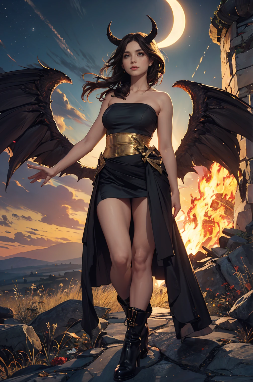 Angel Woman. Sexy Badass Witch. Brown Curly Hair. Angel Wings. Strong Woman. Beautiful Moon Background. Full Body. Long Curly Hair. Green Eyes. Fire Power