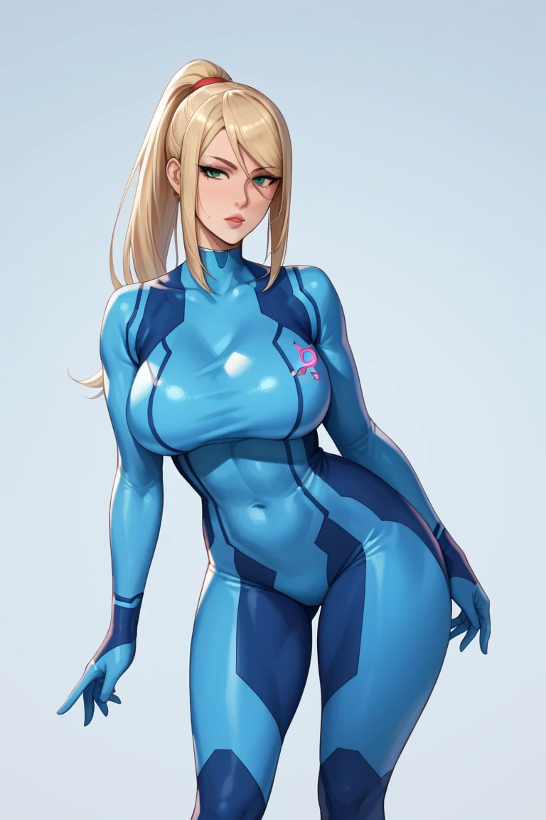 (masterpiece), best quality, expressive eyes, perfect face, (alien spaceship with planet Saturn background), (standing), (smirk), (front view), (1girl, age 18+, Margot Robbie, fair skin, blonde hair, long hair, ponytail hairstyle, blue eyes, hourglass figure, thin body, skinny body, large breasts, huge breasts, oppai, wide hips, thick thighs), (samus aran zero suit, samus aran, zero suit, cameltoe),
