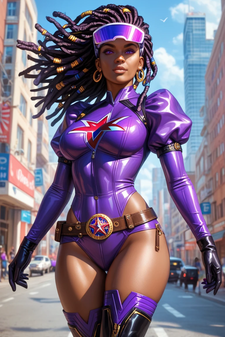 a young woman, Transgender Afro-descendants join Latinos, Afro hair, light eyes, fitted short suit, sister are detailed.bare and shapely legs., long nails. In the middle of his forehead there is an eye drawn... En su pecho tiene un arcoiris de 🌈 Pose de superhéroe, Starlight, 4k, Place , full lips,Photorealistic UHD, Back, intricate details, vivid colors, A scary environment, Correct details. avenger guy, futuristic vision anime. front view
