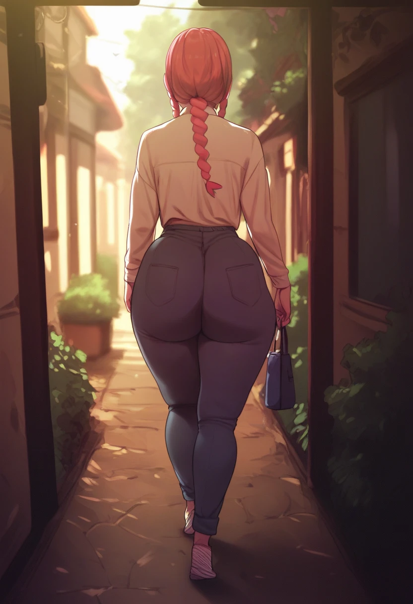 D-art Style, @18dart3, d-art, 1girl, solo, ((((((!!, ??)))))), (((portrait shot))),, looking at viewer, green eyes, long pink hair, from behind, from above, huge ass, background: city alleyway , Christmas tree, thigh higs,