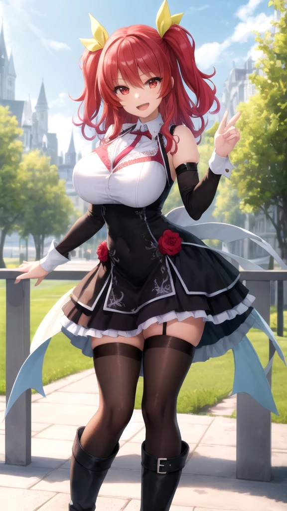 ((highest quality)), ((masterpiece)), (detailed), (Character Focus、breast focus,whole body), Anime 2D Rendering, Realistic young anime woman, Five Fingers, Perfect Face, Beautiful fine details, Beautiful body, Beautiful breasts, Beautiful thighs, big breasts、Beautiful feet, (White beautiful skin), 16-year-old girl、One Girl, Redhead、(ponytail、Black Ribbon), (Bodycon、latex)、(Black knee-high stockings、High heels), Wicked Smile、((Grin))、She turns her face and body towards the viewer，A pretty face and a charming smile，Are standing、