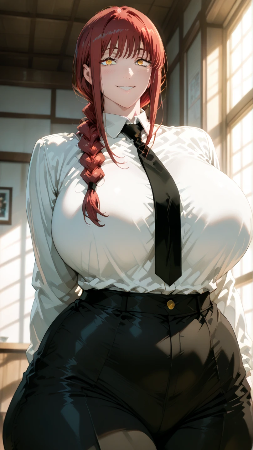Makima, red hair, white shirt, black tie, black glossy leggings, chainsaw man series, sexy, dominant, sitting on viewers lap, smug smile, clingy, hugging viewer