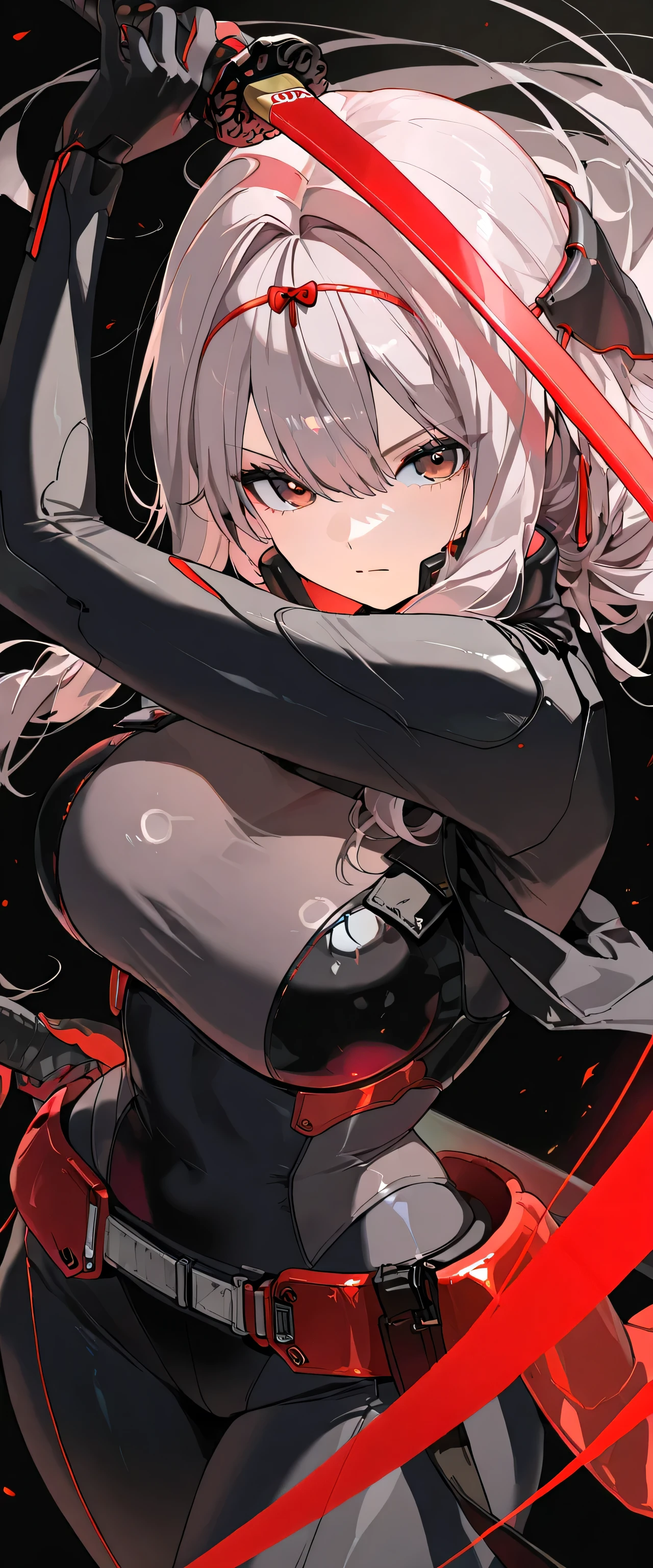 anime girl with a gun and a red background, an anime drawing by Shitao, pixiv, auto-destructive art, best anime 4k konachan wallpaper, gapmoe yandere grimdark, 2 b, badass anime 8 k, 2b, demon anime girl, anime girl wearing a black dress, from arknights, anime style 4 k