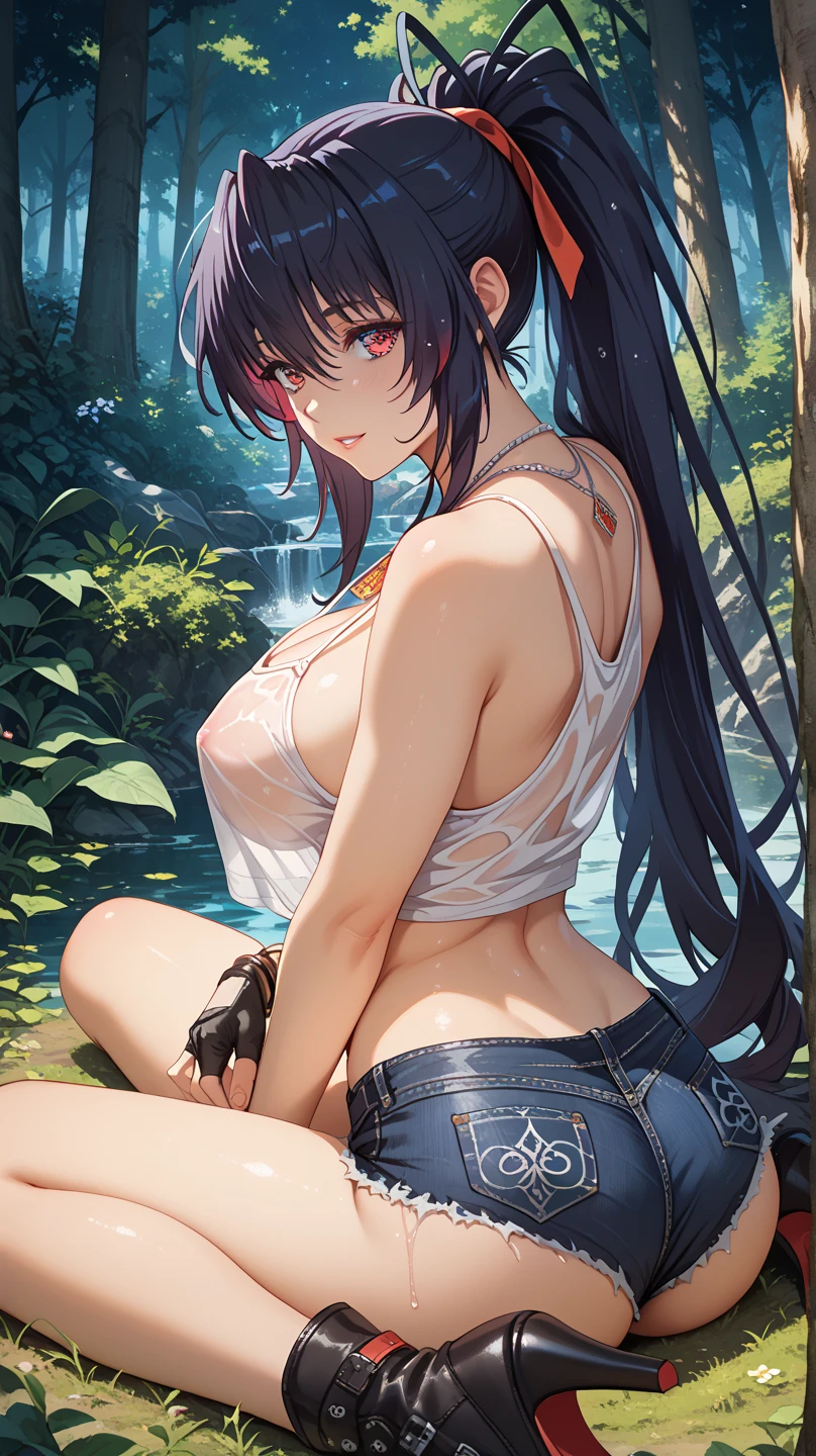 Masterpiece, Beautiful art, professional artist, 8k, shy expression, very detailed face, 2 girls, completely naked, View from the front, standing, BIG BREASTS, perfectly drawn naked body, pale skin, shy expression, beautiful face, long black hair, 4k eyes, very detailed eyes, pink cheeks, choker:1.6, Sensual Lips, show details in the eyes, dark forest, Atmosphere, fog, At night