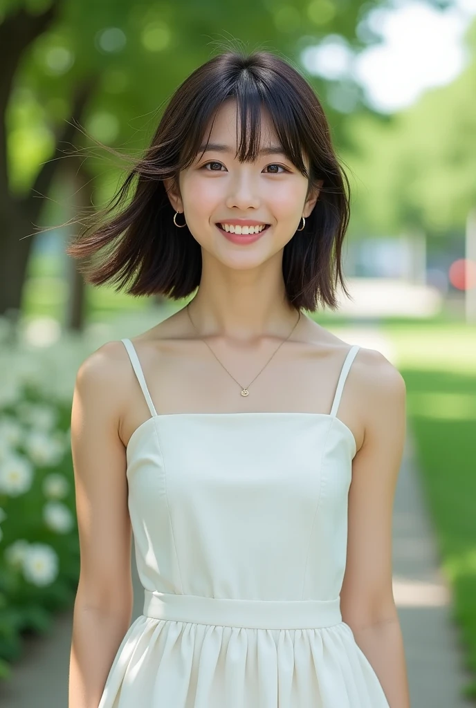 ​masterpiece、4K、top-quality、beautiful japanese female、detail portrayal、1 girl in、20yr old、(rompers:1.2)、A dark-haired、bob cuts、naturey、depth of fields、(Angle from top:1.2)、ssmile