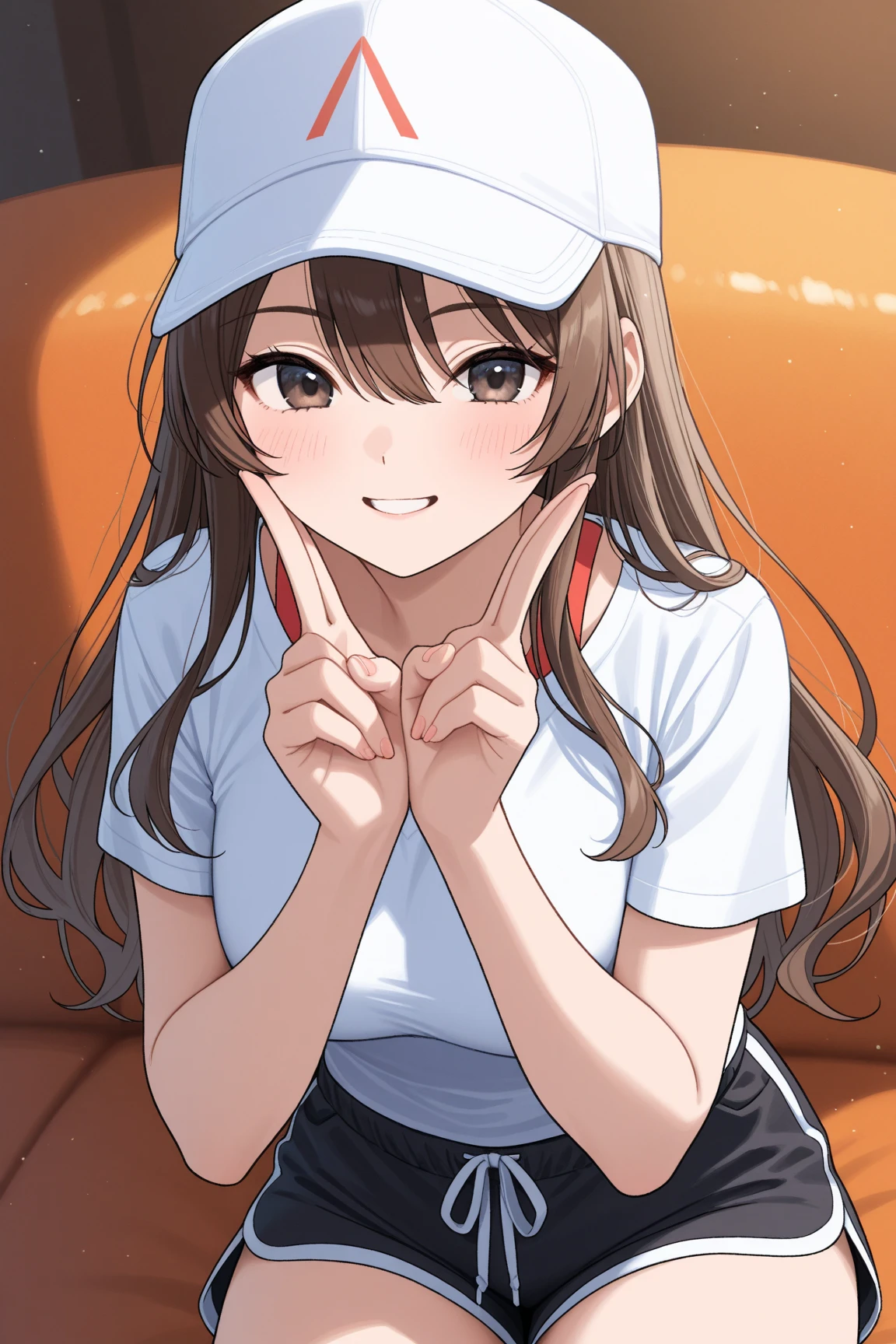 masterpiece, best quality,
1girl, solo,
<lora:chara_Kaguya-samaWaKokurasetai_IinoMiko_v1:0.9> iino miko, (brown eyes:1.2), tsurime, brown hair, long hair, hair over shoulder, twintails, low twintails, blunt bangs,
large breasts,
gym uniform, white shirt, buruma, blue buruma,
outdoors, blue sky,
from above, looking at viewer, looking up, sitting, collarbone, breasts,
blush, nose blush, embarrassed,
v, hand up,