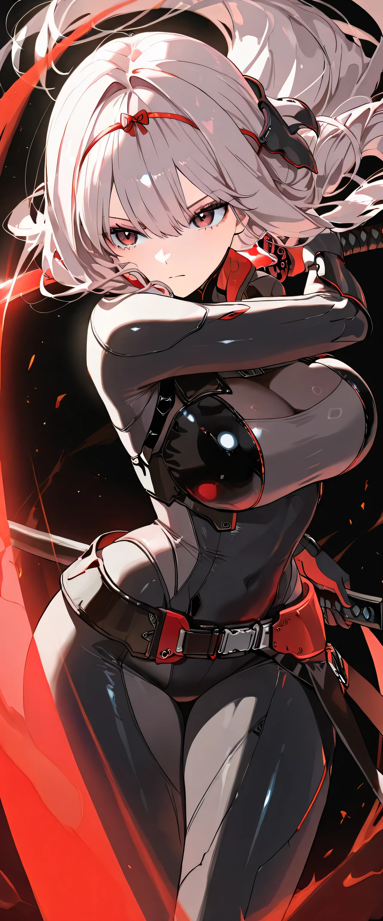 masterpiece, best quality, high resolution, very detailed 8k, very detailed, 1 girl, solo, Scarlet, Black shadow, Nikke, translucent clean skin, cool and beautiful girl, slender, round body, ample bosom big breasts, waist length hair, middle-tied hair, smooth hair, grey hair:1.3, brown red eyes, serious, (((she is wearing simple black tight suits which is completely black color:1.3))), black background:1.3, she is standing, grab simple plain red katana, bird-eye shot, focus a girl, dynamic pose for starting battle