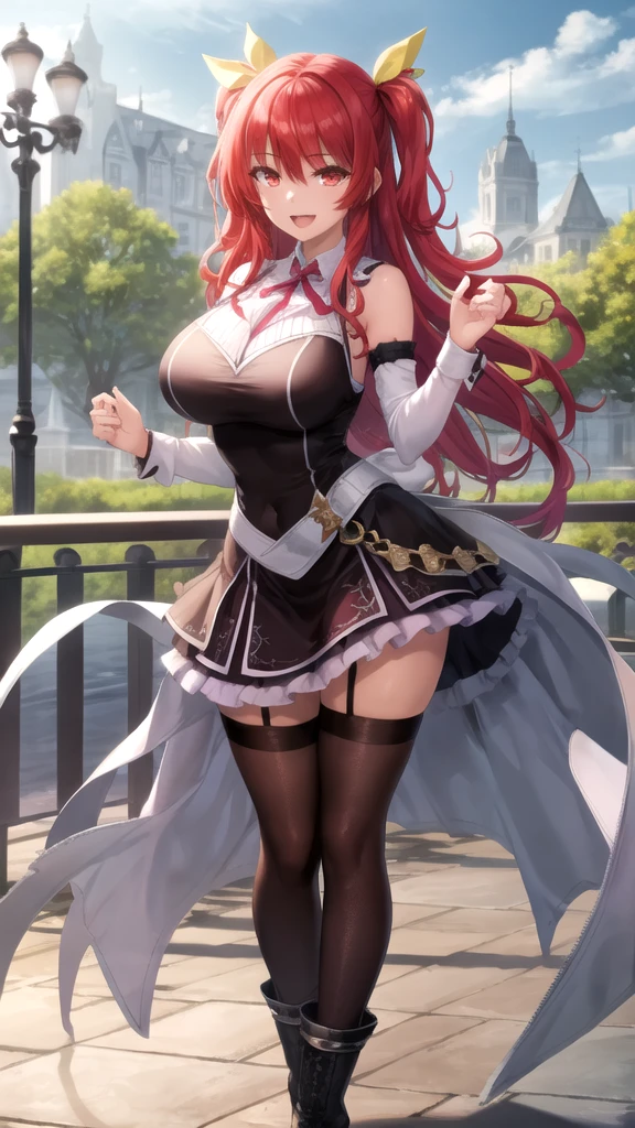 best quality,1girl,((big breasts:1.5)),curvy,orgasm,ahegao,blush,stella vermillion, 1girl, thighhighs, garter straps, ribbon, red eyes, long hair, yellow ribbon, red hair, hair ribbon, 独奏, hand on hip, two side up, pink hair, black thighhighs,((wedding dress:1.3)), outdoors, looking at viewer,mini skirt,((lift skirt,upskirt,black panties,lace panties)),black thighhighs,pussy juice,full body,forest,forest林,walking