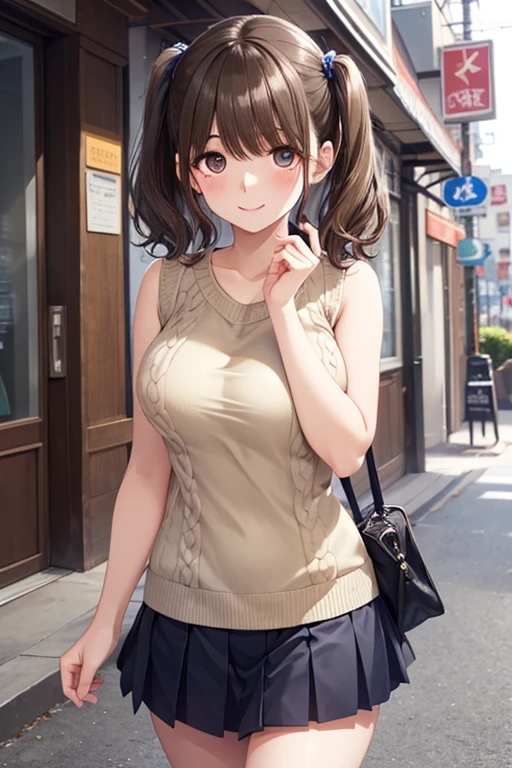 (high quality, High resolution, Fine details), Brick Street, Sunlight shining, break (Black knit sleeveless high neck), break White pleated long skirt, Flowing fabric, break Standing, alone, Curvy Women, Sparkling eyes, (Fine grain:1.2), Natural Makeup, Earrings, smile, blush, Sweat, Oily skin, Soft colors, Breeze, Bokeh, Shallow depth of field