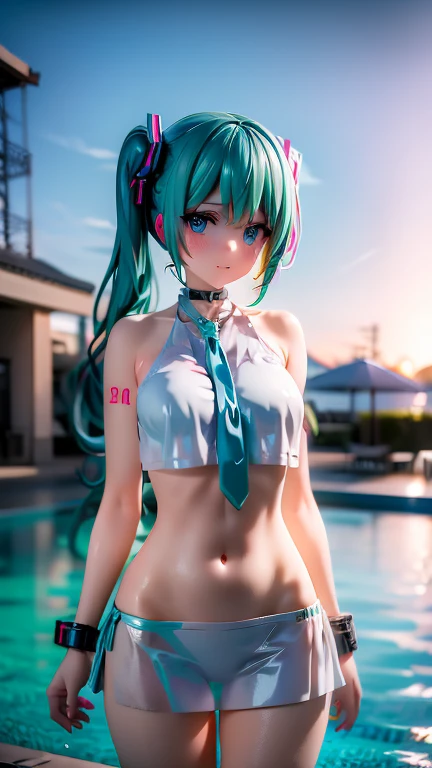 HAtsune Miku huge tits, small waist, exaggerated enormous breasts, bra size 28HH, milking her tits at sunset in méxico city, hyper realistic, surrounded by schoogirls