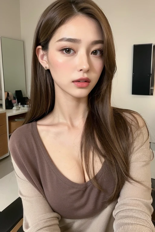 on the table, best quality, lifelike, Super detailed, fine details, High resolution, 8k wallpaper, 1 beautiful woman,, light brown messy hair, wearing a suit, sharp focus, Perfect dynamic composition, Beautiful and delicate eyes, fine hair, 细致lifelike皮肤纹理, Smile, closeup portrait, Model body shape