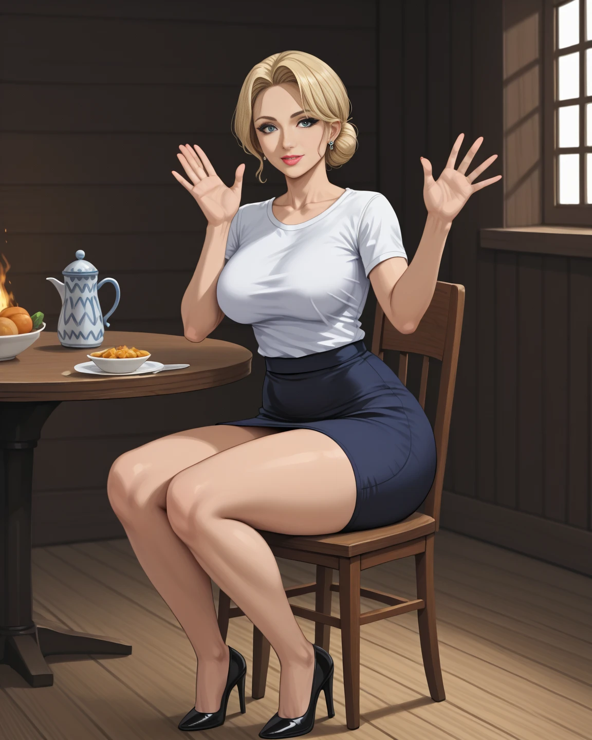 A beautiful woman smiling and wearing a short dress is sitting with her legs crossed 