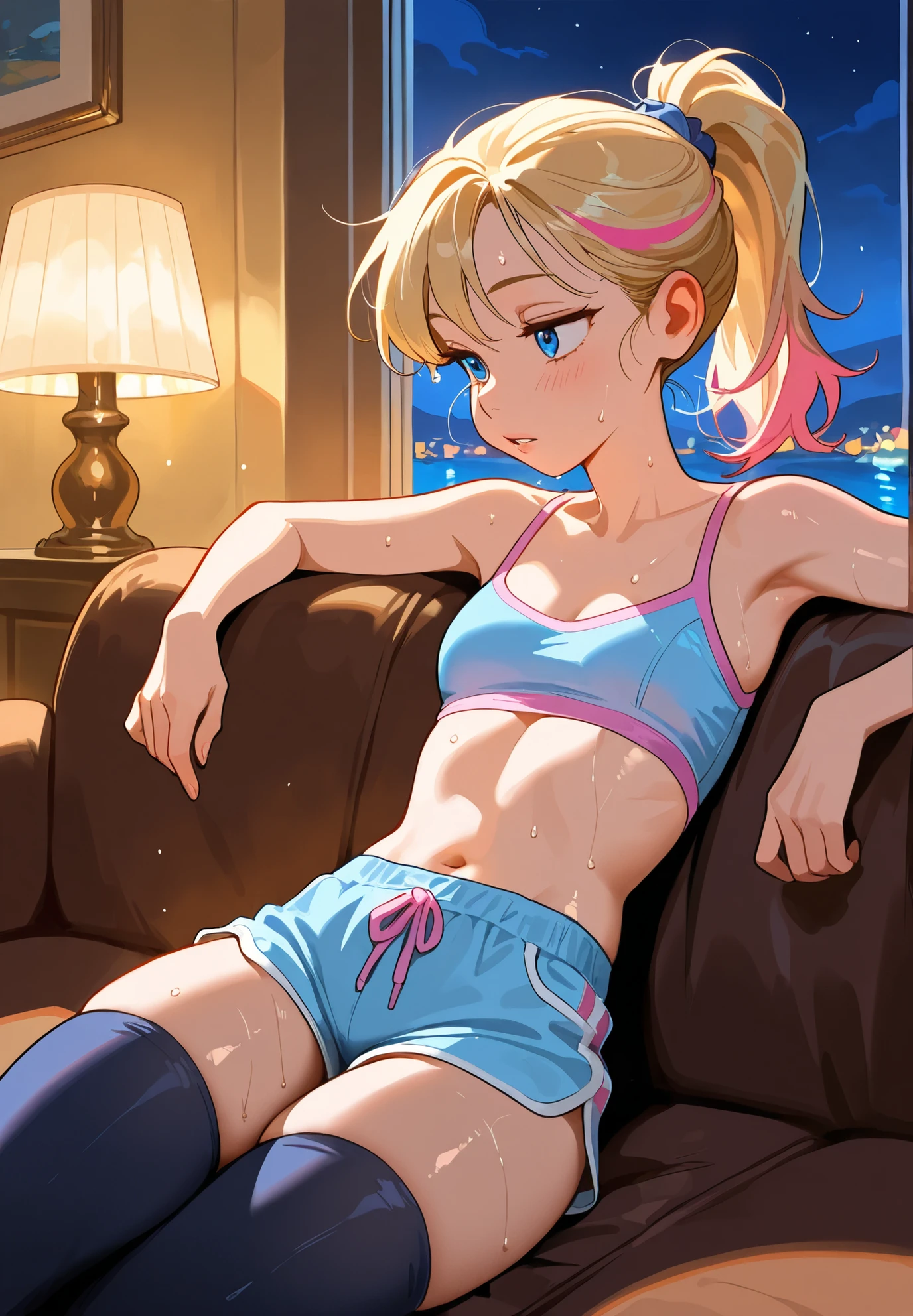 1girl, solo, Riley Andersen, Inside Out, parted lips, sweaty,blonde ponytail hair with pink highlights, thigh highs,silk shorts, crop top,sitting on a sofa, sexy pose, alluring atmosphere,night time, seaside town, beautiful lighting and shadows,masterpiece,top quality,warm color,high resolution,high fashion,absurdres extremely,vivid colors,intricate details,best quality,amazing quality,very aesthetic,newest,ultra-detailed,
